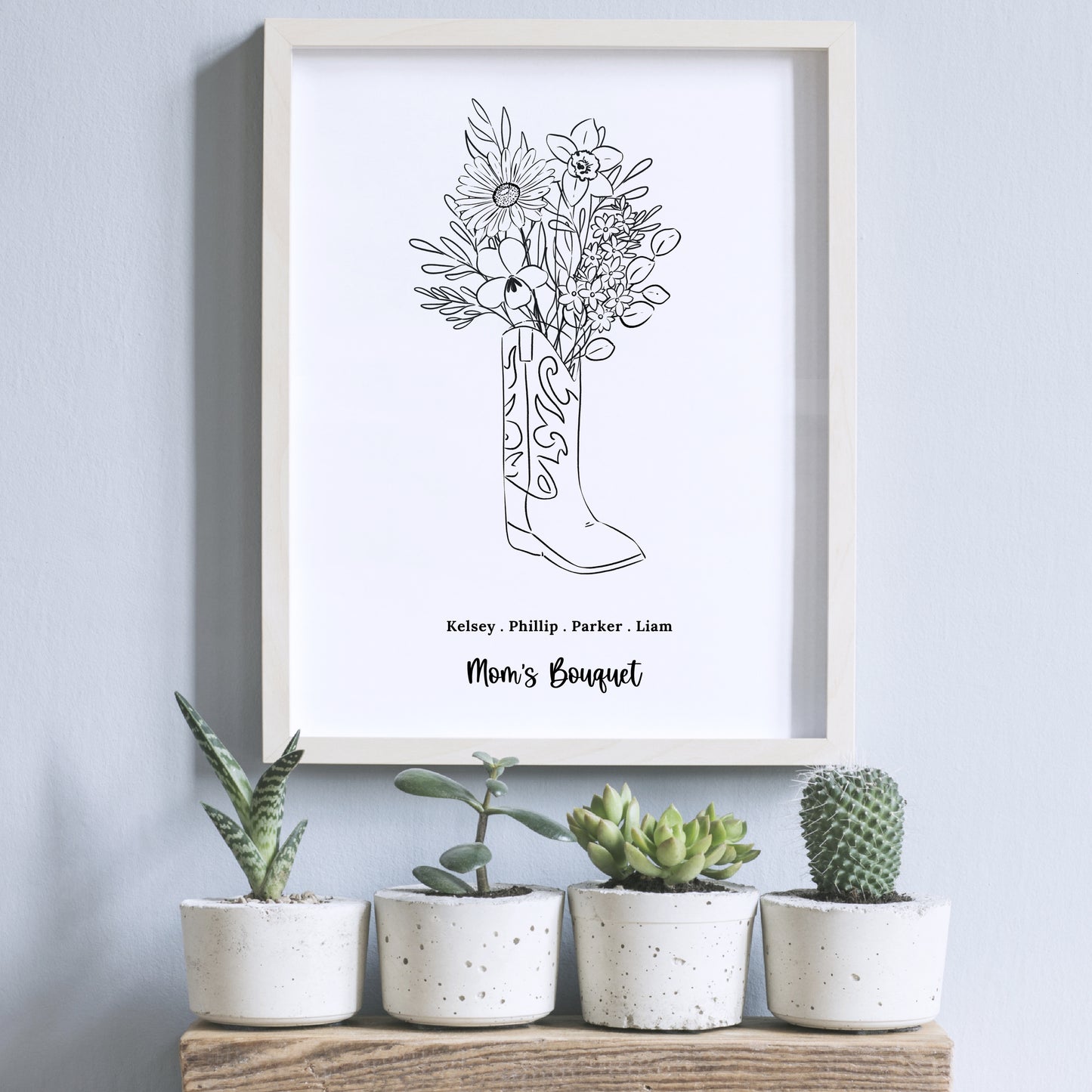 Birth Flower Bouquet Print Up to 8 Flowers + Names | Unframed Personalized BW Florals Cowboy Boot | Country Garden Inspired Gift for Mom Grandma