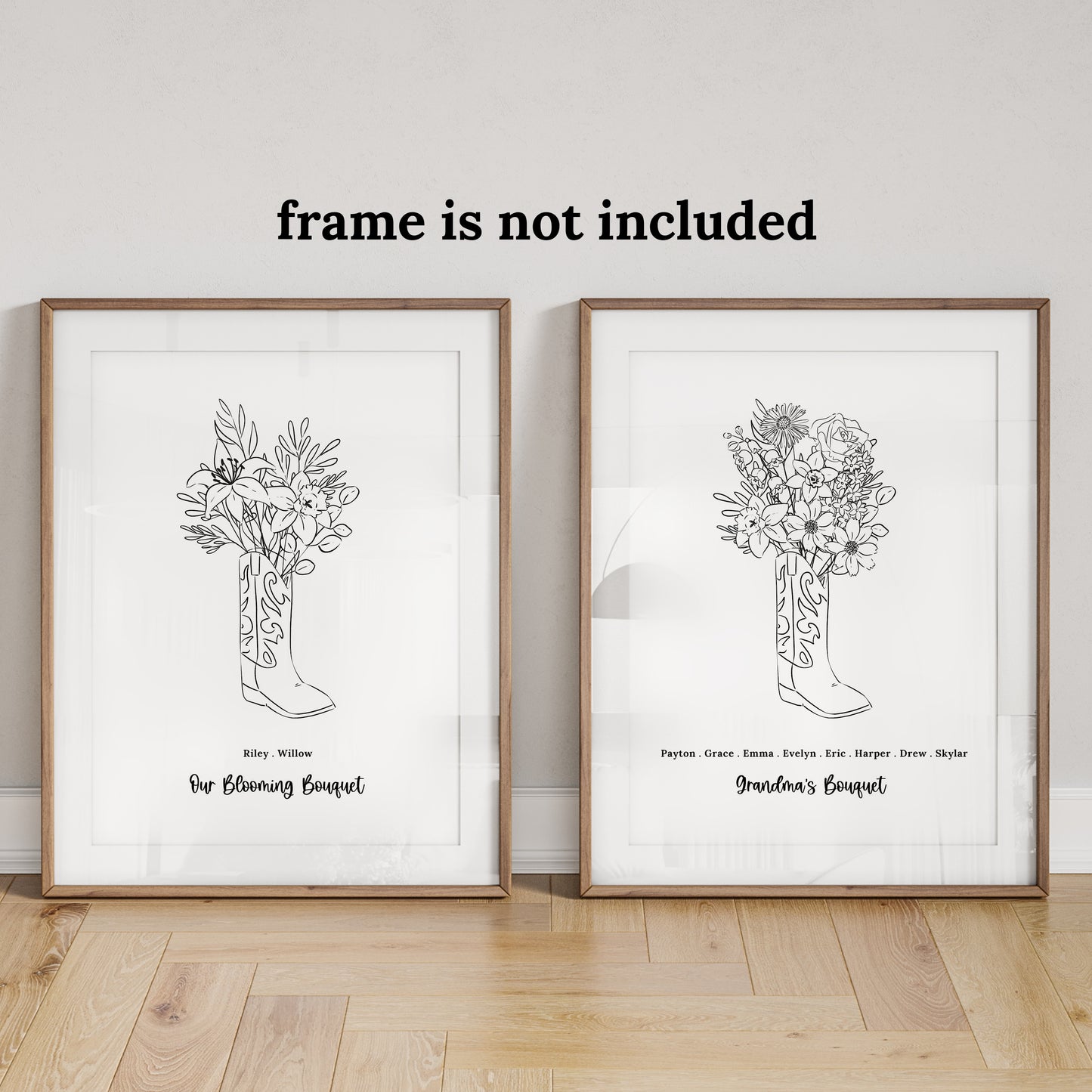 Birth Flower Bouquet Print Up to 8 Flowers + Names | Unframed Personalized BW Florals Cowboy Boot | Country Garden Inspired Gift for Mom Grandma