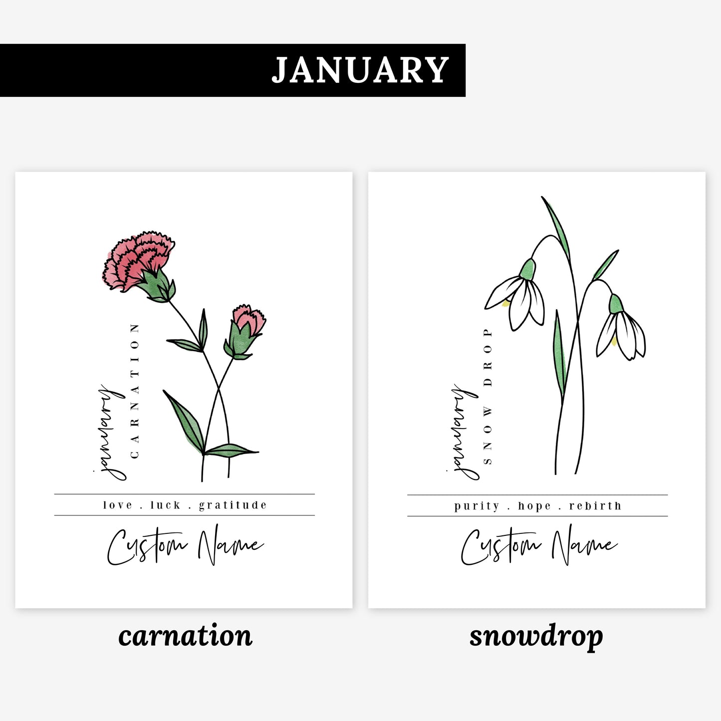 Pick Your Birth Flower Unframed Art Print | Personalized Name Custom Floral Illustration Wall Decor Birthday Gift