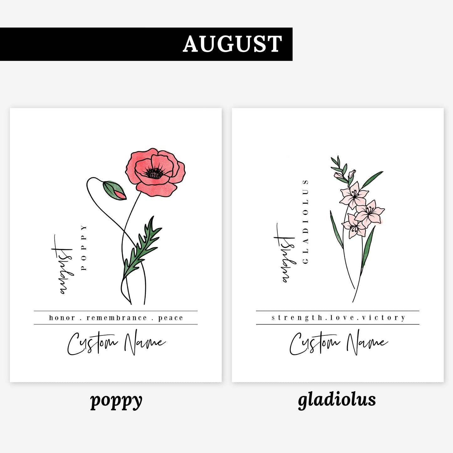 Pick Your Birth Flower Unframed Art Print | Personalized Name Custom Floral Illustration Wall Decor Birthday Gift