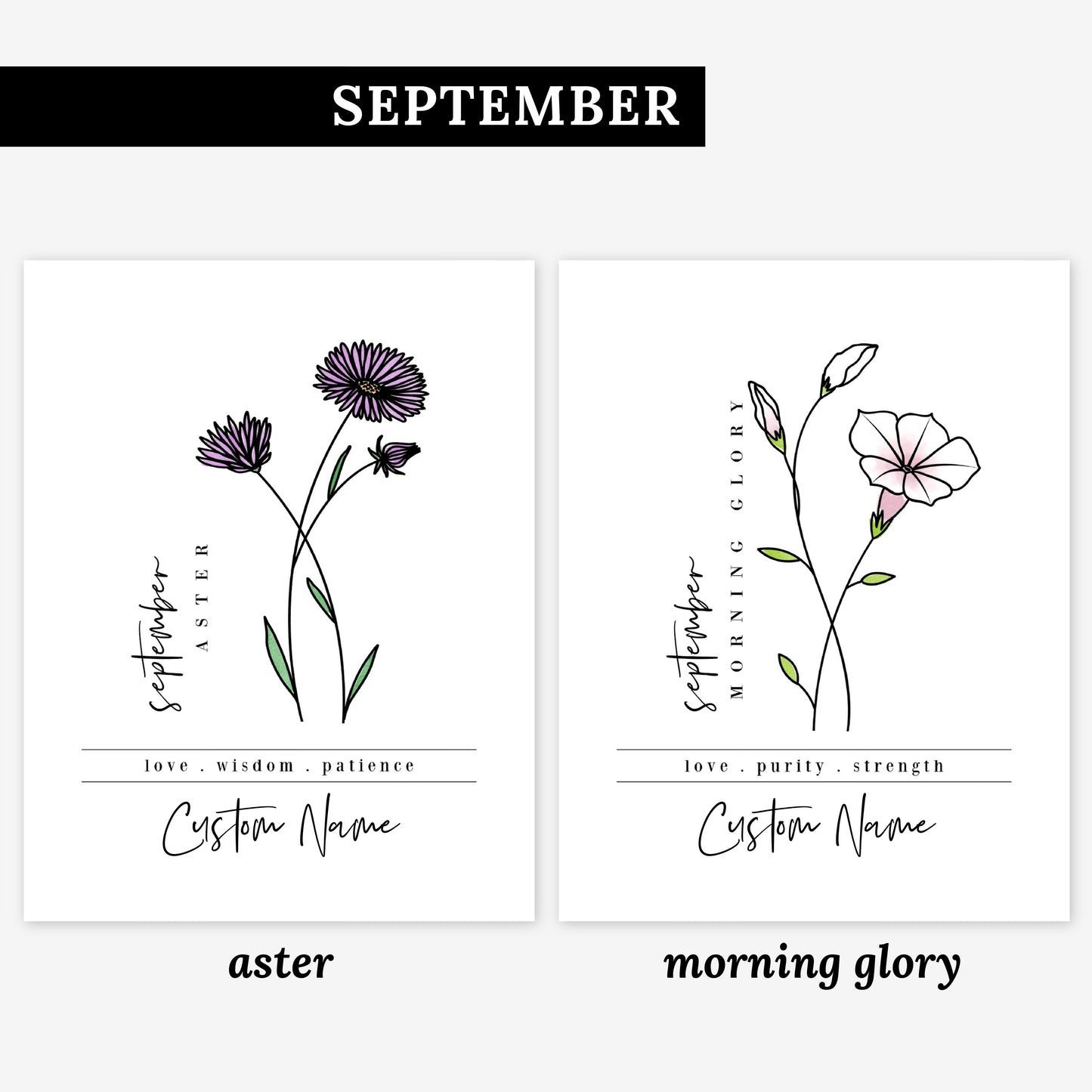 Pick Your Birth Flower Unframed Art Print | Personalized Name Custom Floral Illustration Wall Decor Birthday Gift