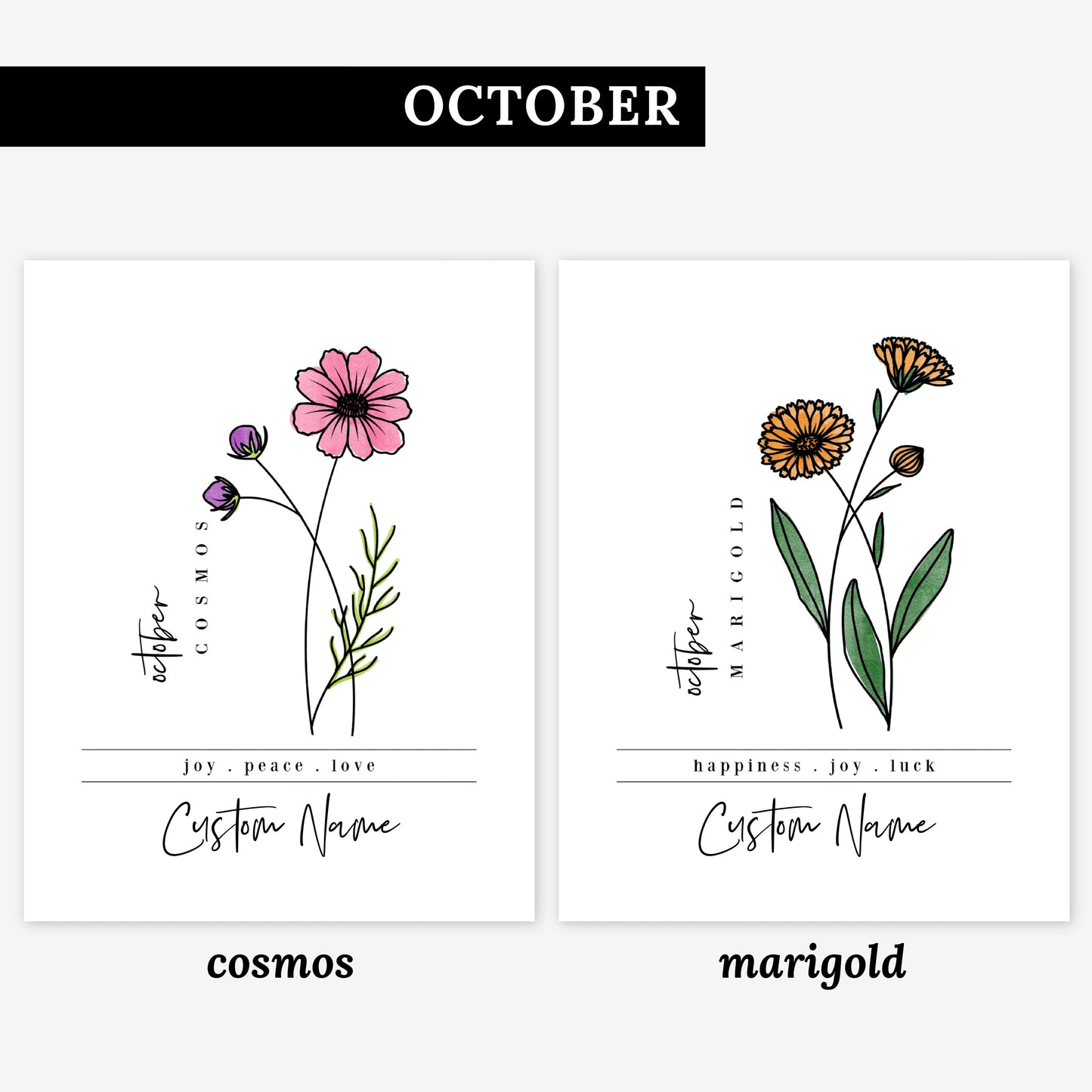 Pick Your Birth Flower Unframed Art Print | Personalized Name Custom Floral Illustration Wall Decor Birthday Gift
