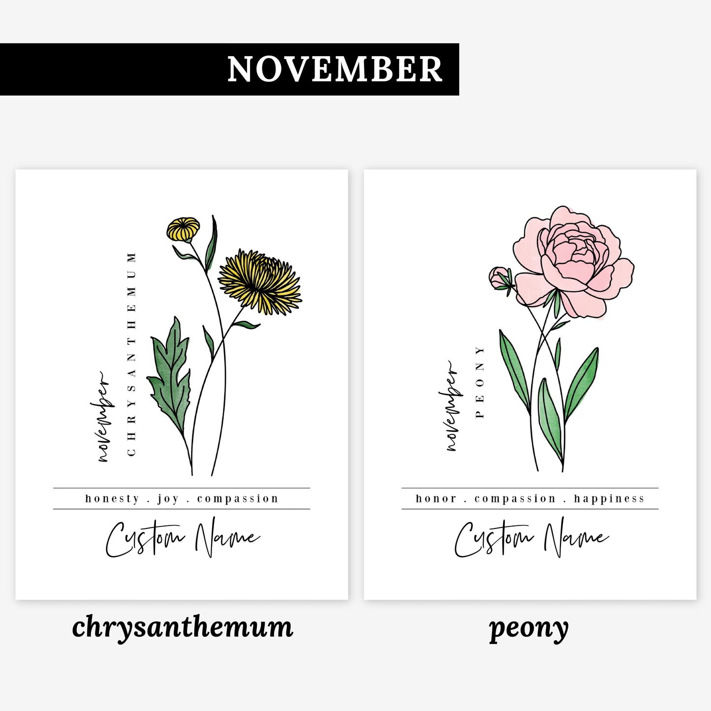 Pick Your Birth Flower Unframed Art Print | Personalized Name Custom Floral Illustration Wall Decor Birthday Gift