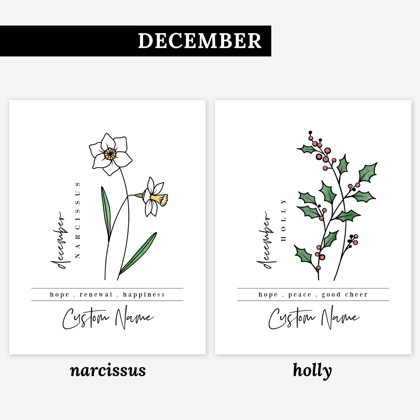 Pick Your Birth Flower Unframed Art Print | Personalized Name Custom Floral Illustration Wall Decor Birthday Gift