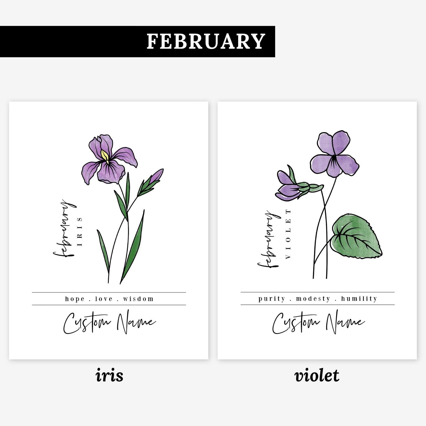 Pick Your Birth Flower Unframed Art Print | Personalized Name Custom Floral Illustration Wall Decor Birthday Gift