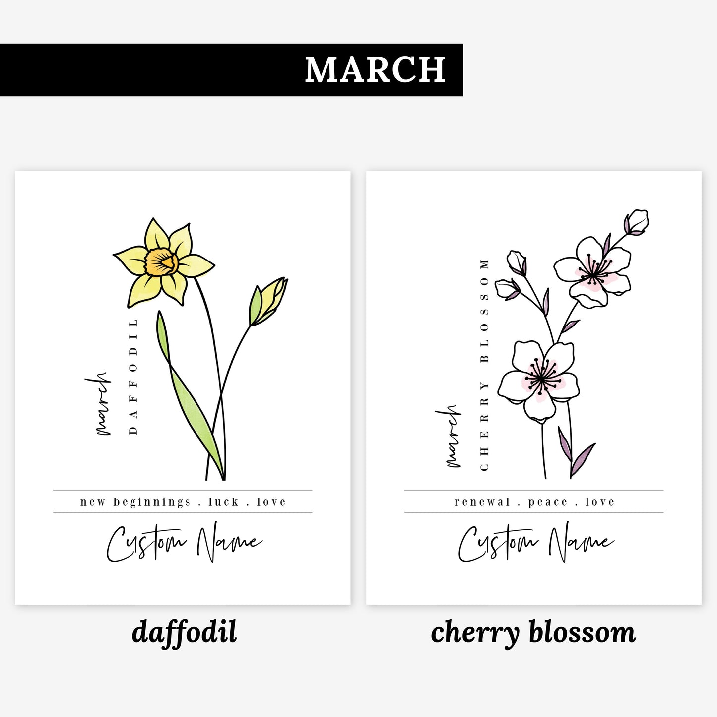 Pick Your Birth Flower Unframed Art Print | Personalized Name Custom Floral Illustration Wall Decor Birthday Gift