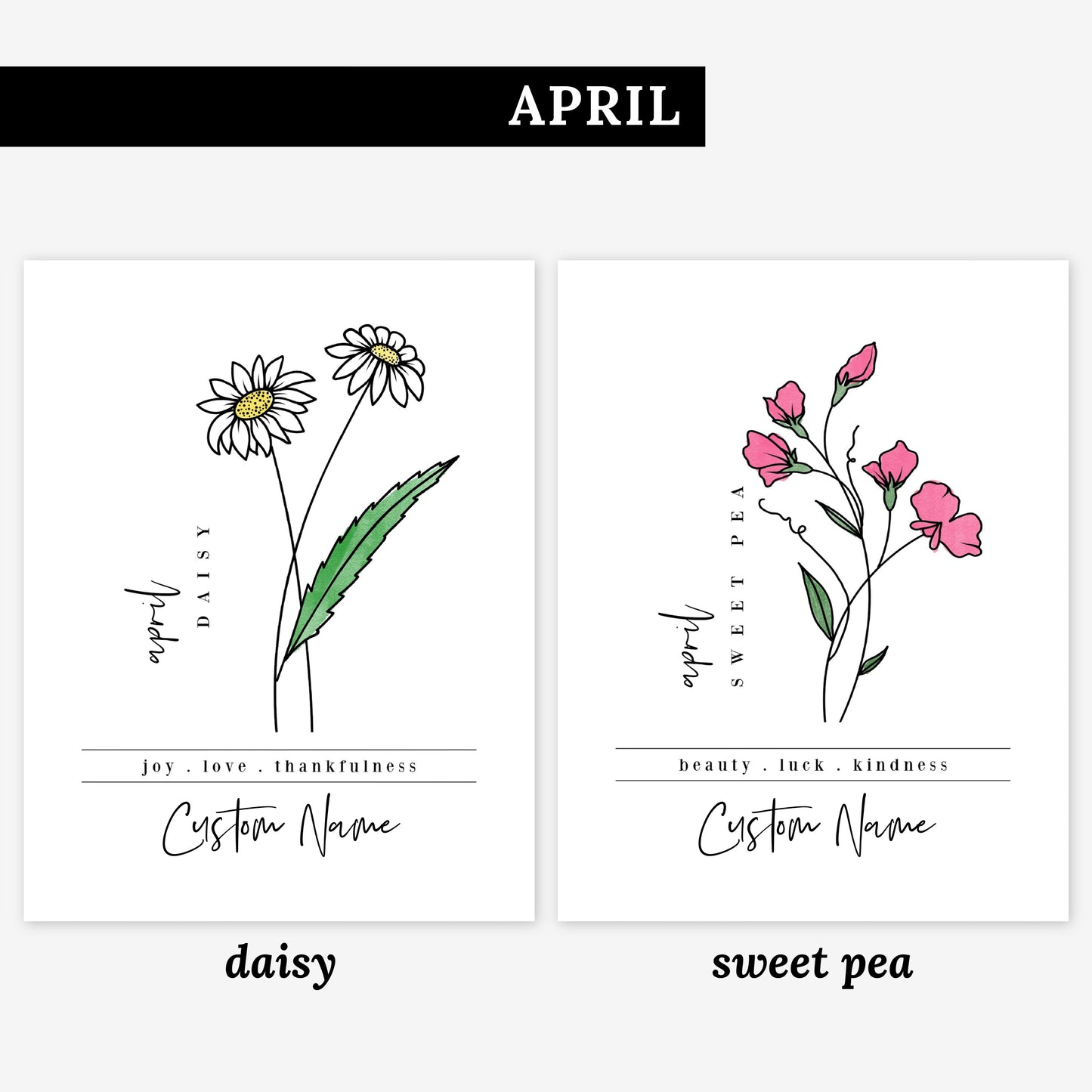 Pick Your Birth Flower Unframed Art Print | Personalized Name Custom Floral Illustration Wall Decor Birthday Gift