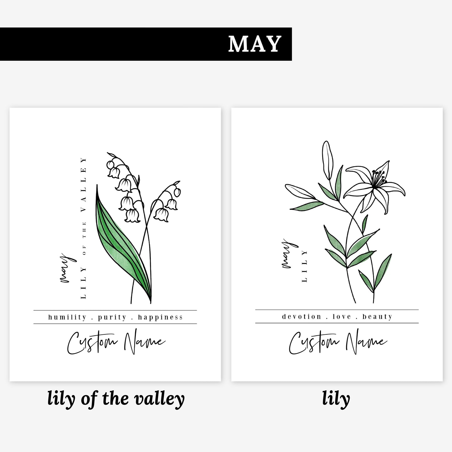 Pick Your Birth Flower Unframed Art Print | Personalized Name Custom Floral Illustration Wall Decor Birthday Gift