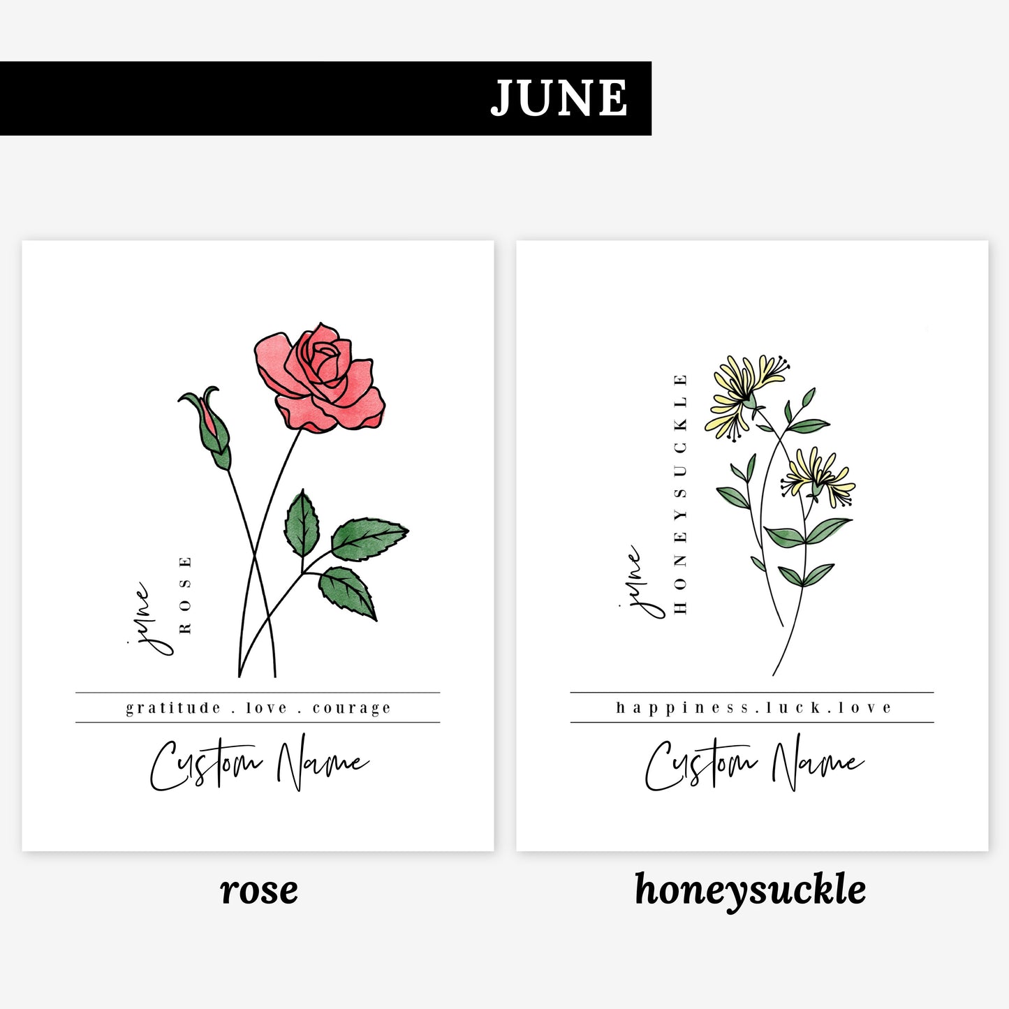 Pick Your Birth Flower Unframed Art Print | Personalized Name Custom Floral Illustration Wall Decor Birthday Gift