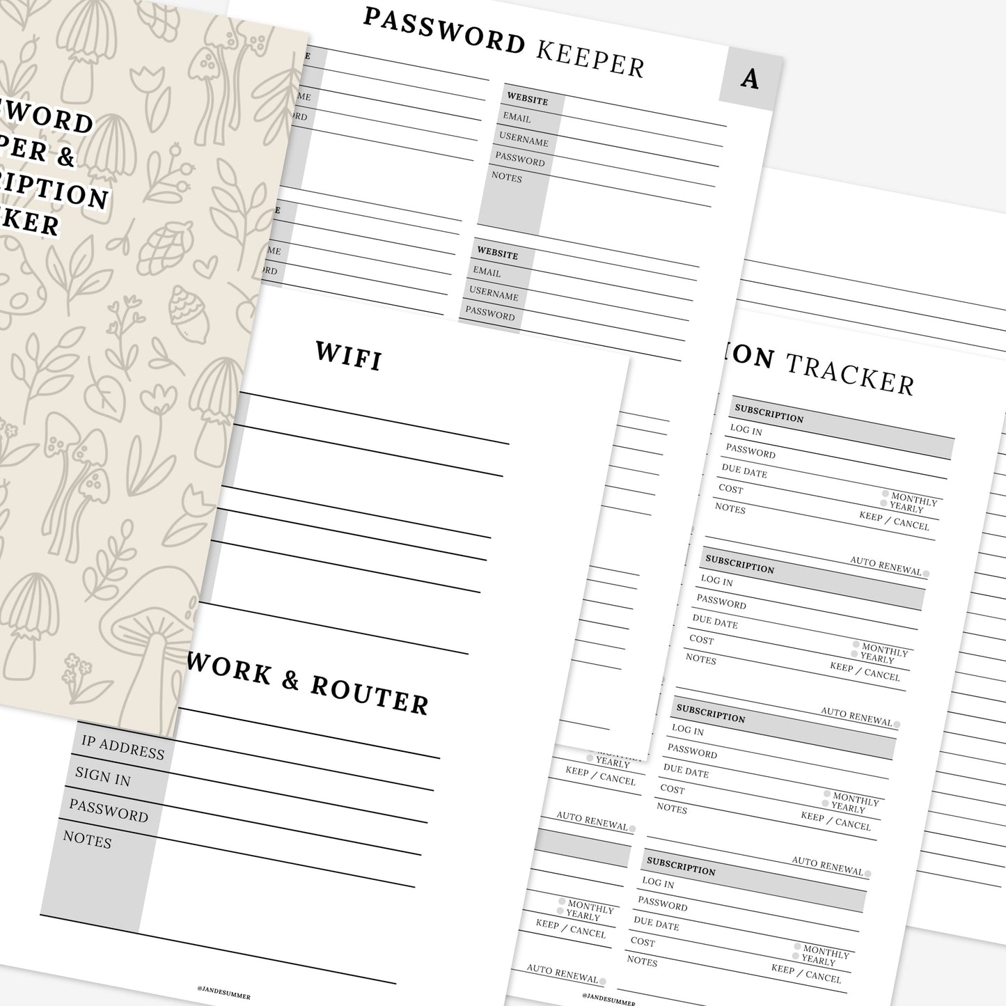 Password Keeper + Subscription Tracker Printable Book | Mushroom Cover 50 PDF Pages | Wifi Network Digital Printable Notebook