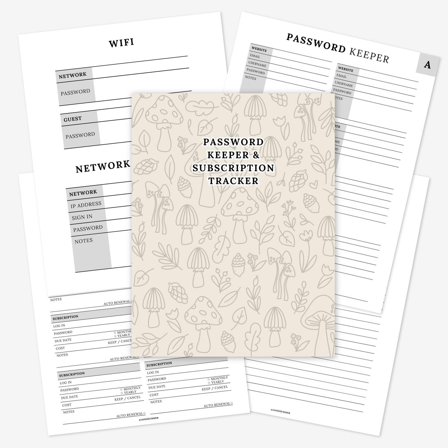 Password Keeper + Subscription Tracker Printable Book | Mushroom Cover 50 PDF Pages | Wifi Network Digital Printable Notebook