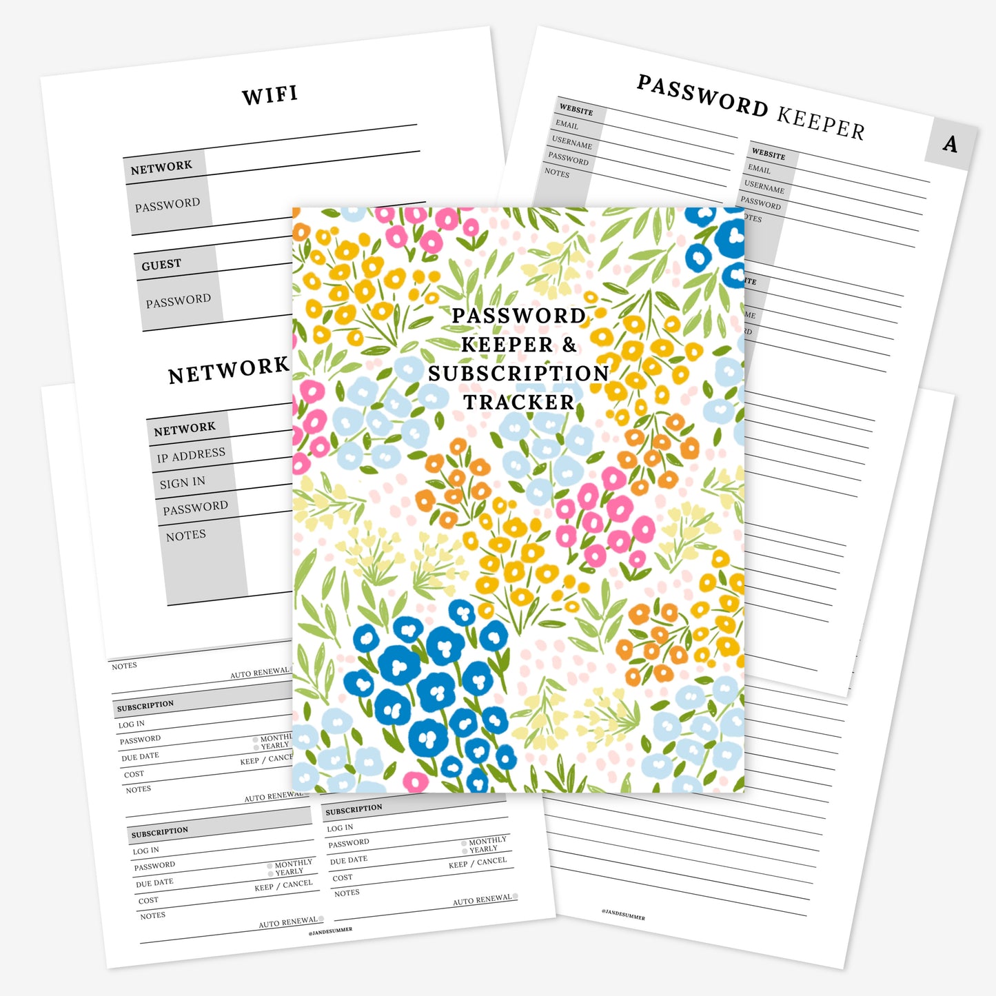 Password Keeper + Subscription Tracker Printable Book | Floral Cover 50 PDF Pages | Wifi Network Digital Printable Notebook