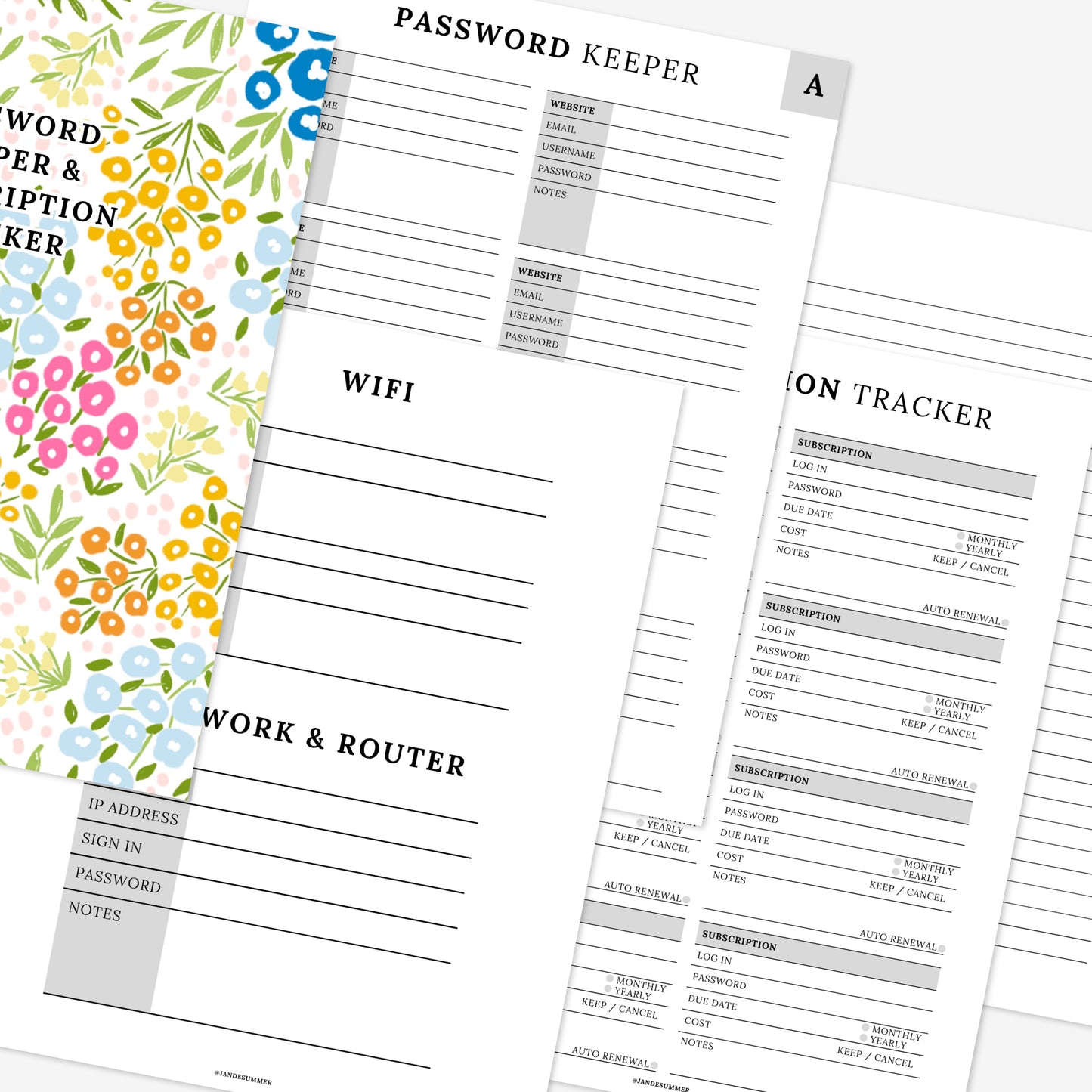 Password Keeper + Subscription Tracker Printable Book | Floral Cover 50 PDF Pages | Wifi Network Digital Printable Notebook
