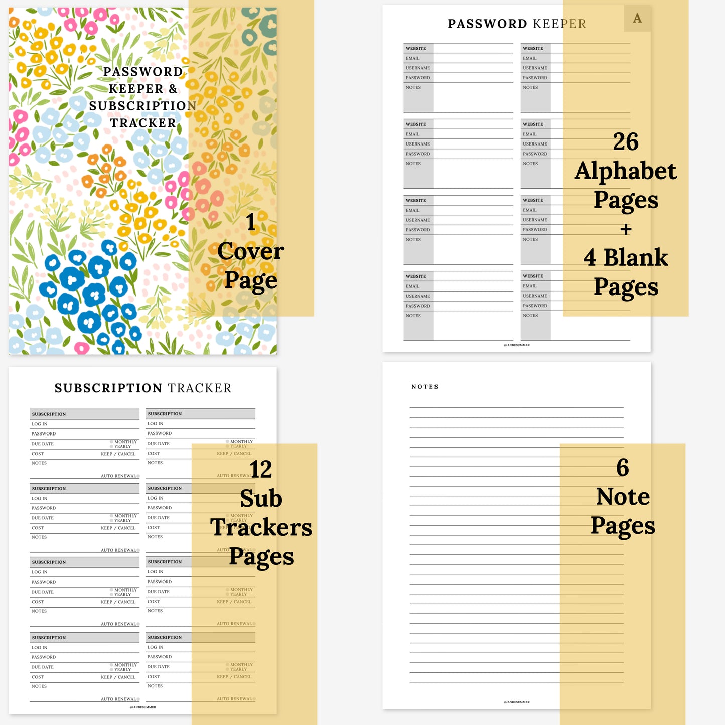Password Keeper + Subscription Tracker Printable Book | Floral Cover 50 PDF Pages | Wifi Network Digital Printable Notebook