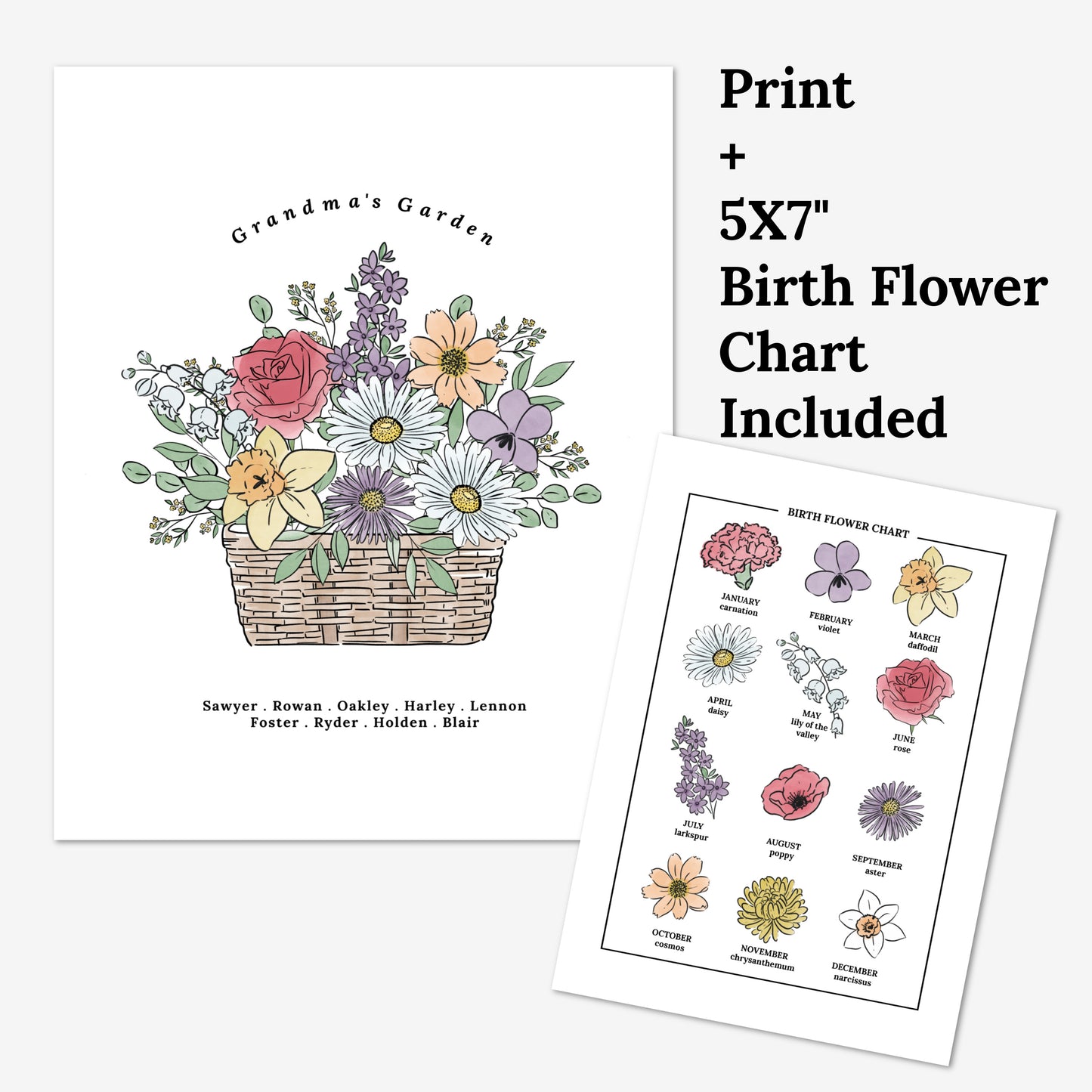 Birth Flower Basket Bouquet Art Print | Up to 12 Flowers | Perfect Gift for Mother's Day
