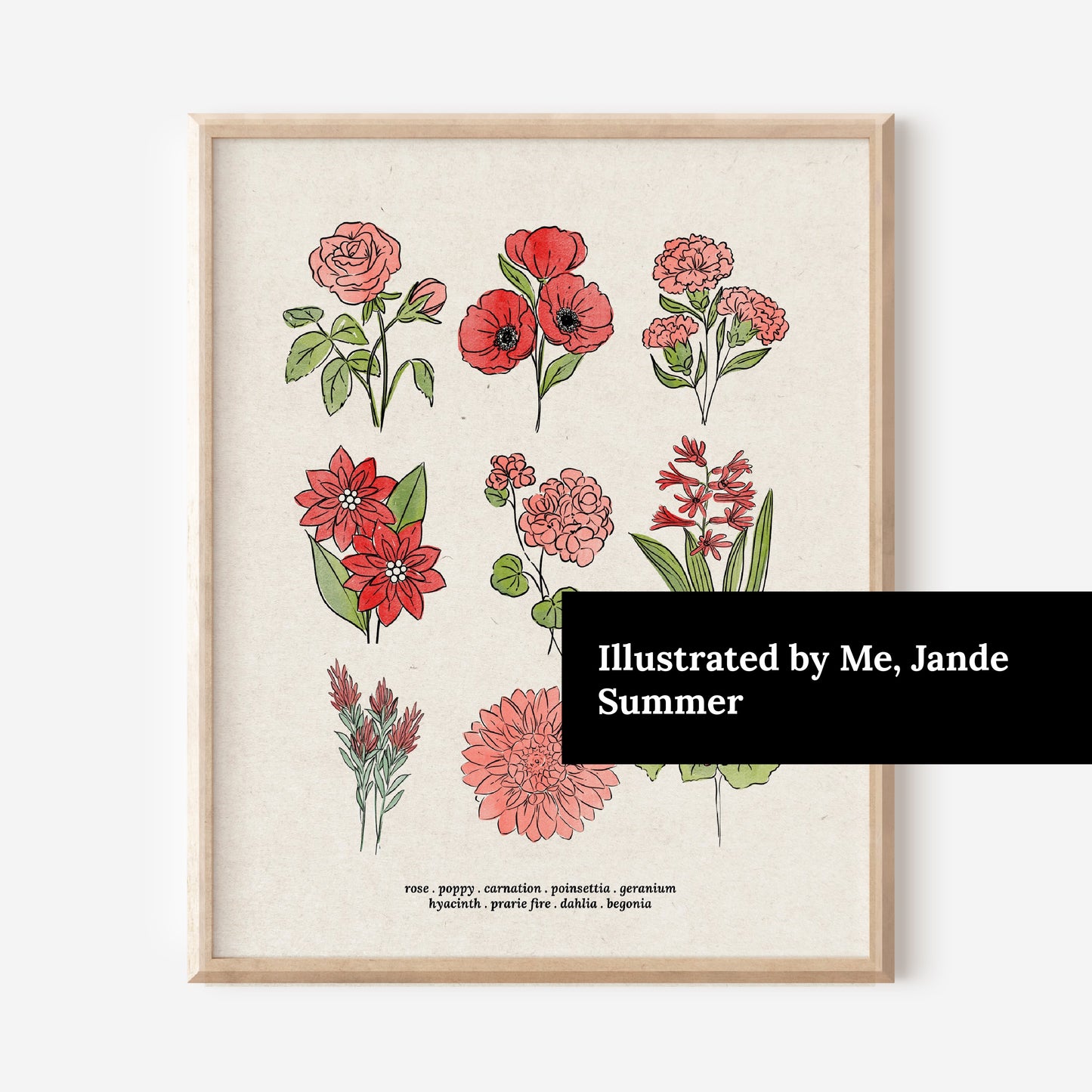 Red Flower Chart Unframed Art Print | Antique Paper Background | Poppy Rose Carnation Geranium Garden Inspired Art