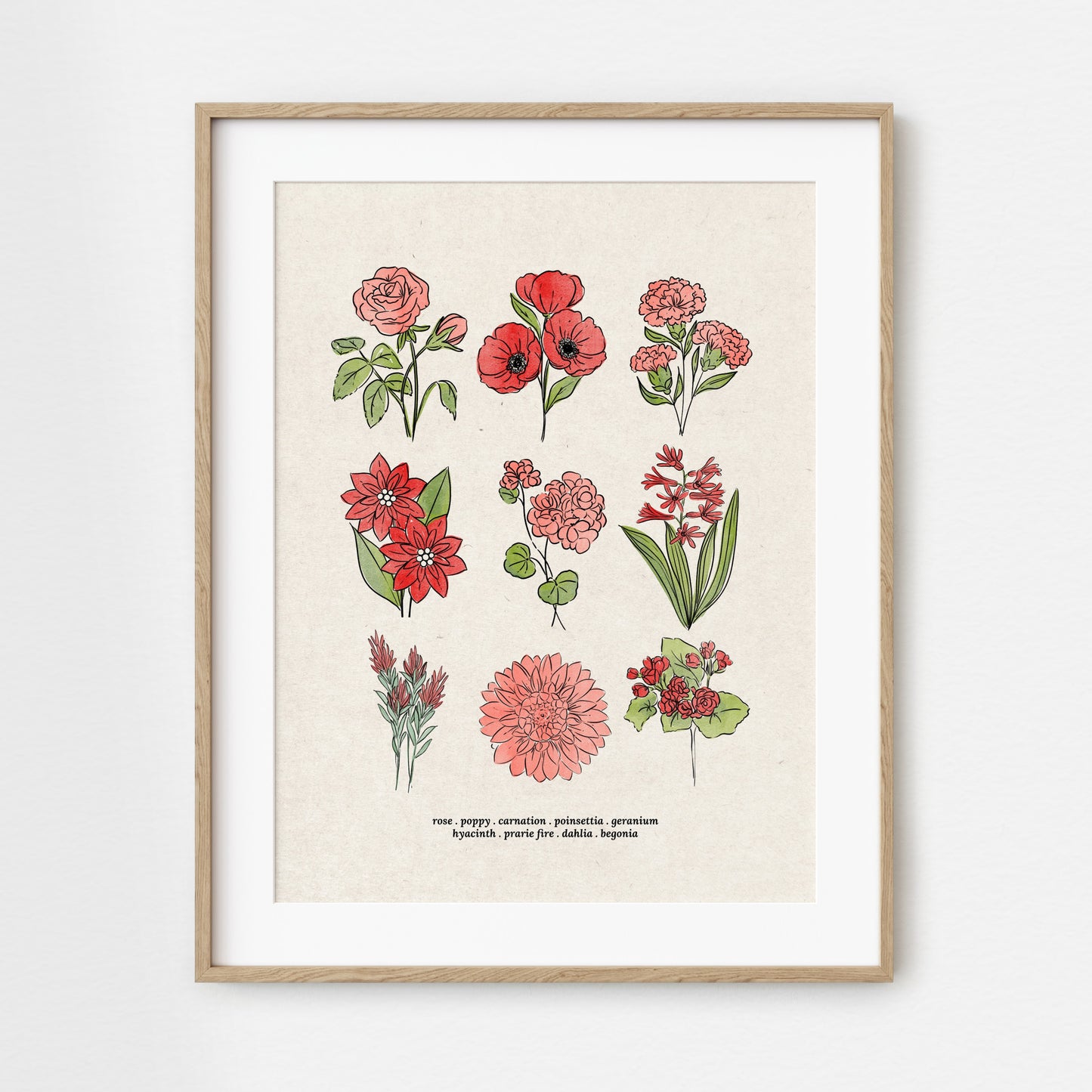 Red Flower Chart Unframed Art Print | Antique Paper Background | Poppy Rose Carnation Geranium Garden Inspired Art