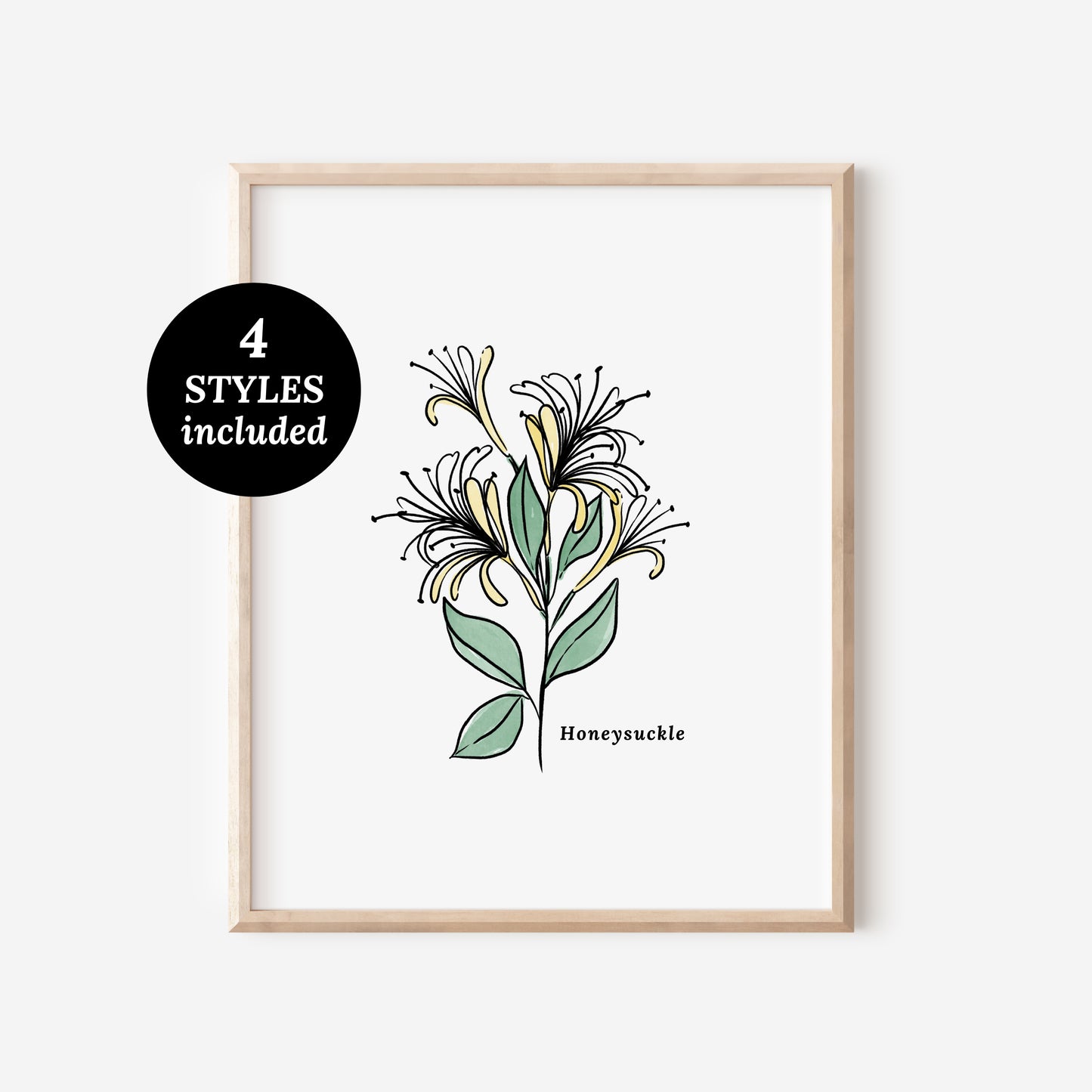 Honeysuckle Flower Illustration Printables | 4 Styles Included Watercolor Antique Sketched Floral Decor