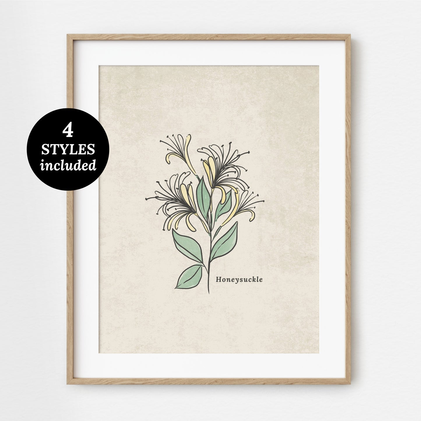 Honeysuckle Flower Illustration Printables | 4 Styles Included Watercolor Antique Sketched Floral Decor