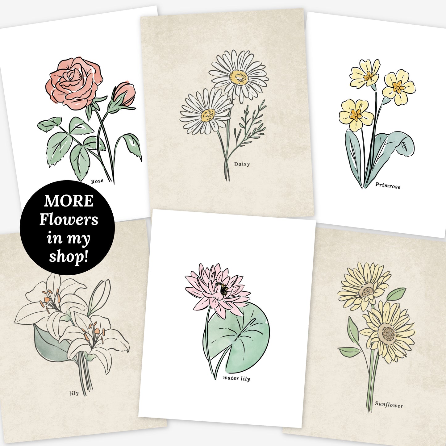 Honeysuckle Flower Illustration Printables | 4 Styles Included Watercolor Antique Sketched Floral Decor