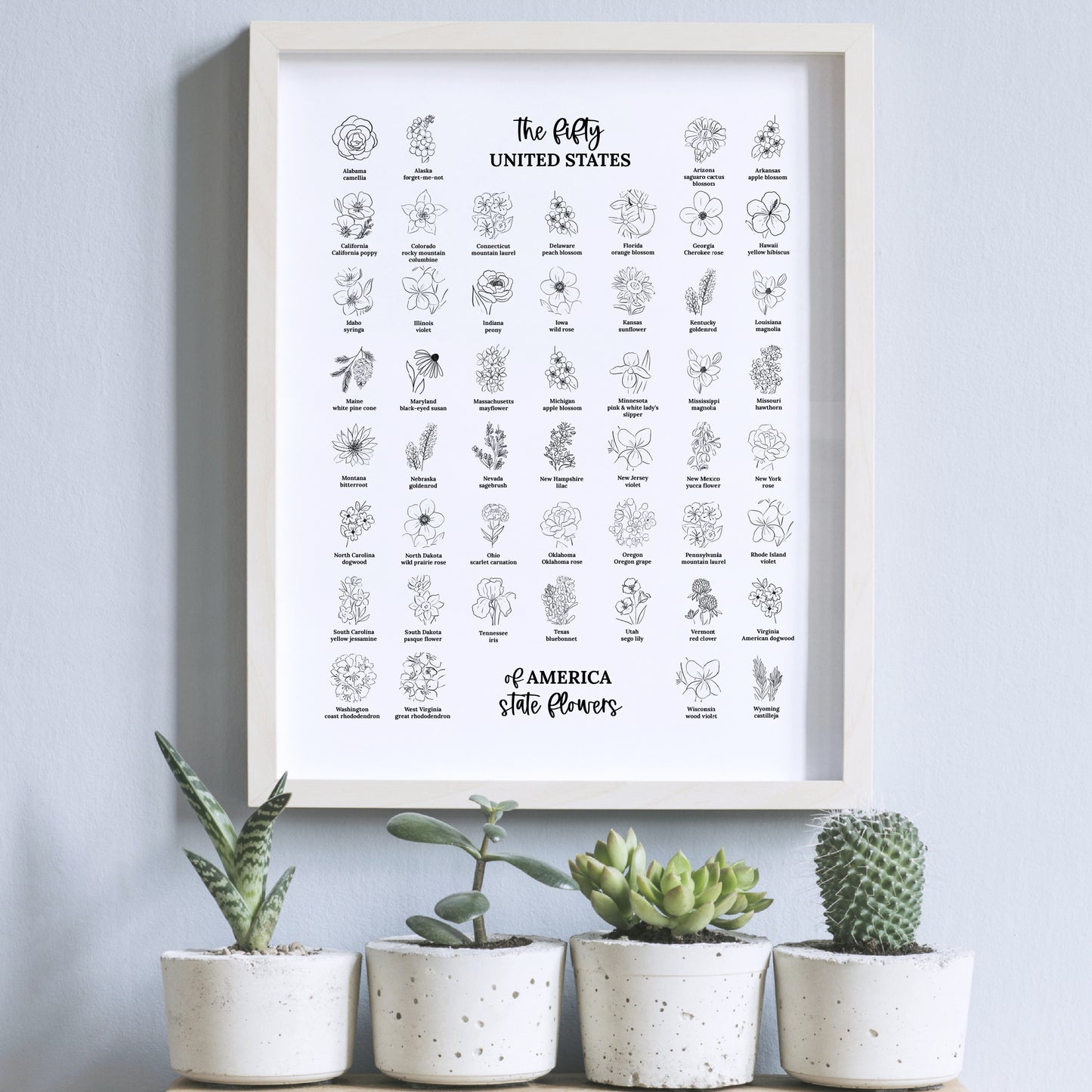 US State Flower Chart Unframed Poster Print | United States of America 50 States | 3 Sizes | Black & White Floral Line Art