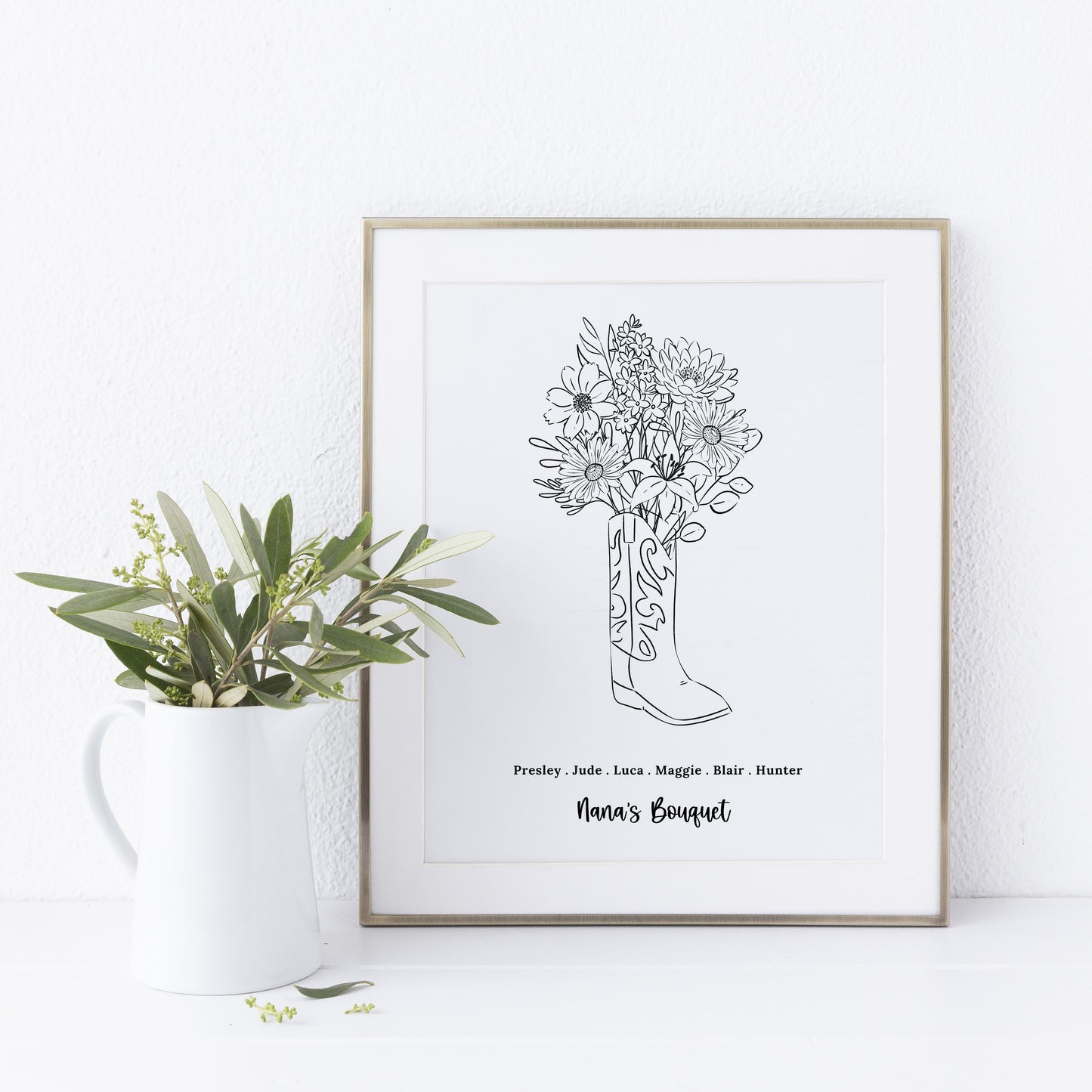Birth Flower Bouquet Print Up to 8 Flowers + Names | Unframed Personalized BW Florals Cowboy Boot | Country Garden Inspired Gift for Mom Grandma