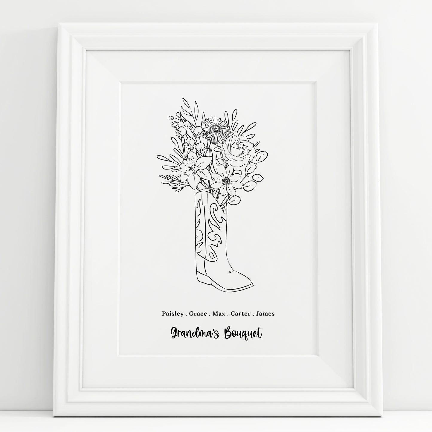 Birth Flower Bouquet Print Up to 8 Flowers + Names | Unframed Personalized BW Florals Cowboy Boot | Country Garden Inspired Gift for Mom Grandma