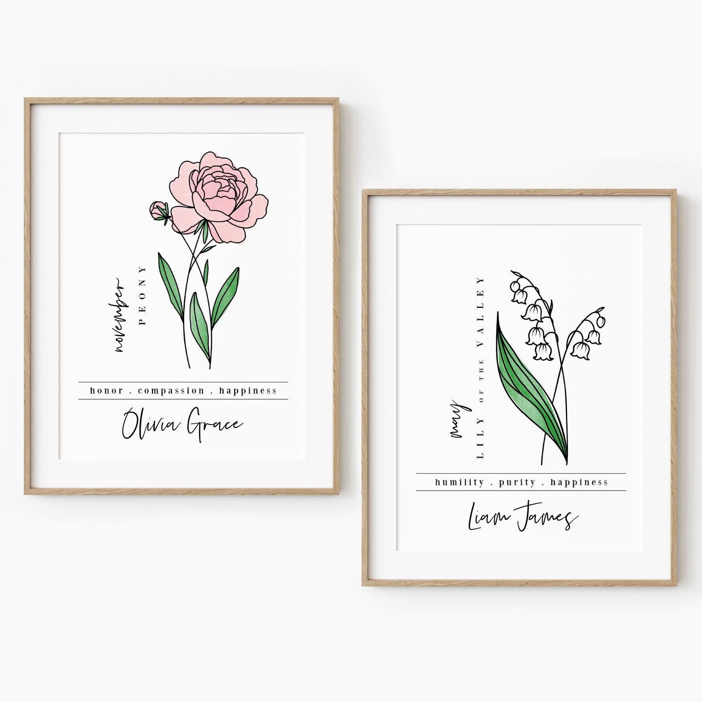 Pick Your Birth Flower Unframed Art Print | Personalized Name Custom Floral Illustration Wall Decor Birthday Gift