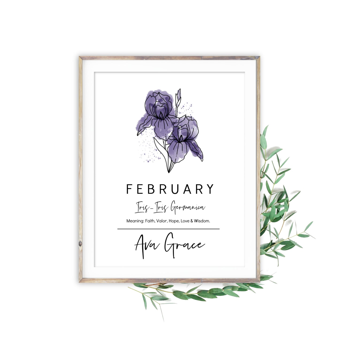 February Birth Flower Iris | Personalized Name Watercolor Floral Unframed Art Print | Birthday Gift