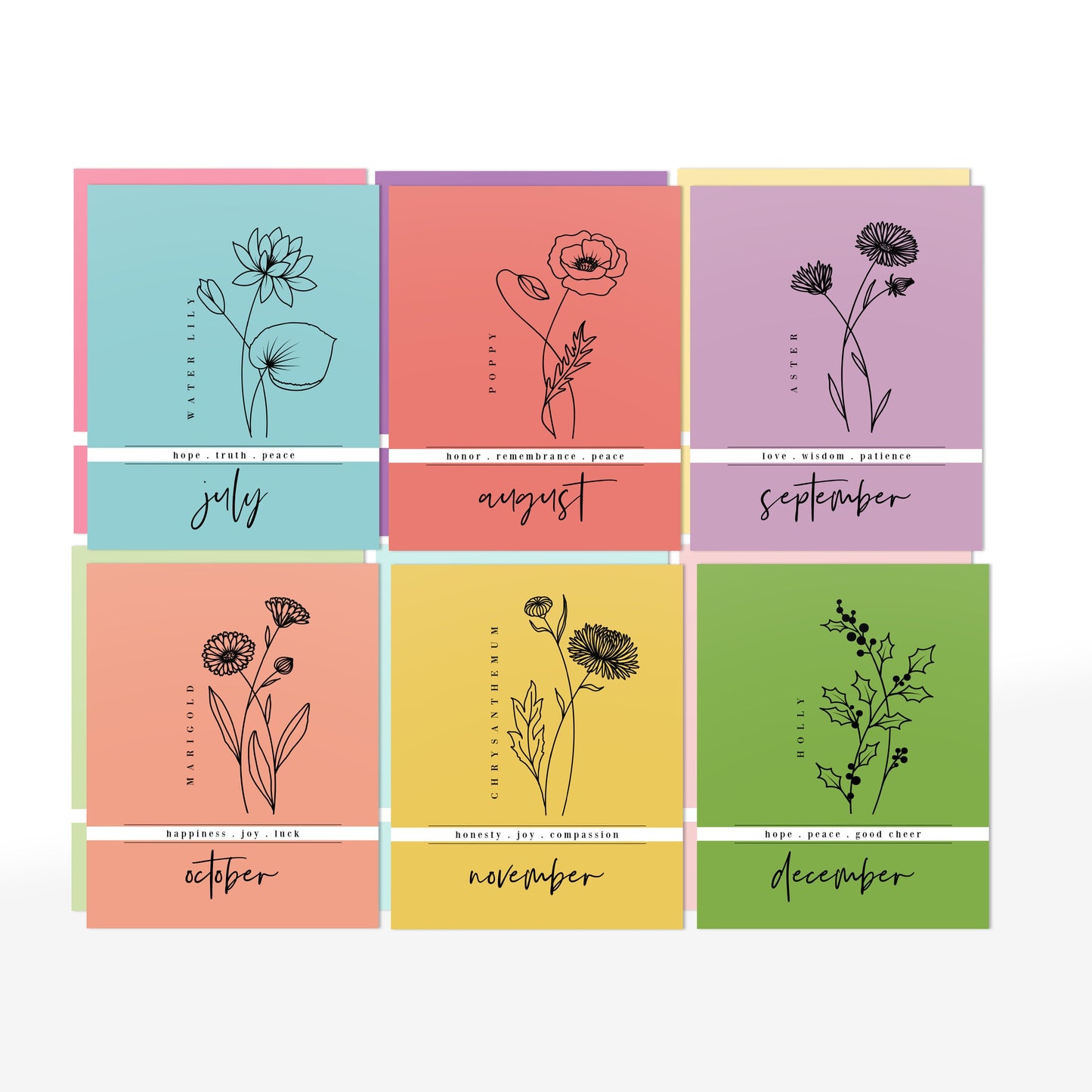 12 Month Birth Flower Notecards + Envelopes | Full Year Birthday Postcards | Gift Note Card Decor Mini Prints