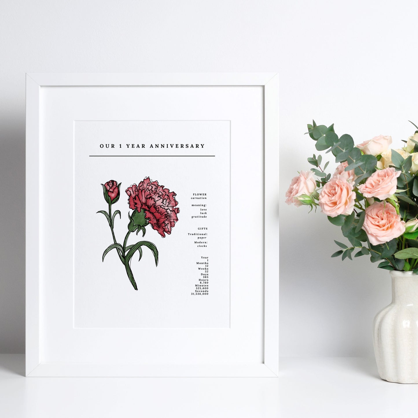 1 Year Anniversary Carnation Flower Art Printable | Gift for Couple Wedding Anniversary Paper