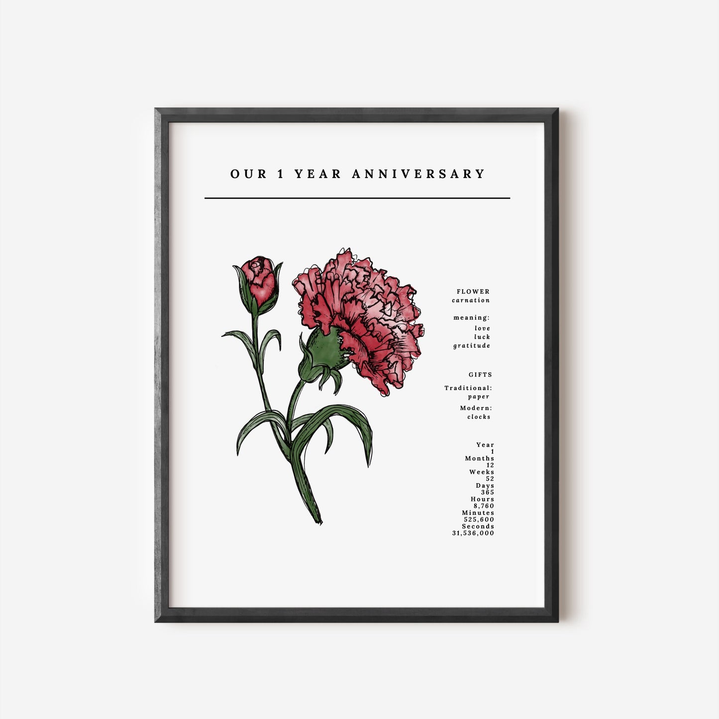 1 Year Anniversary Carnation Flower Art Printable | Gift for Couple Wedding Anniversary Paper