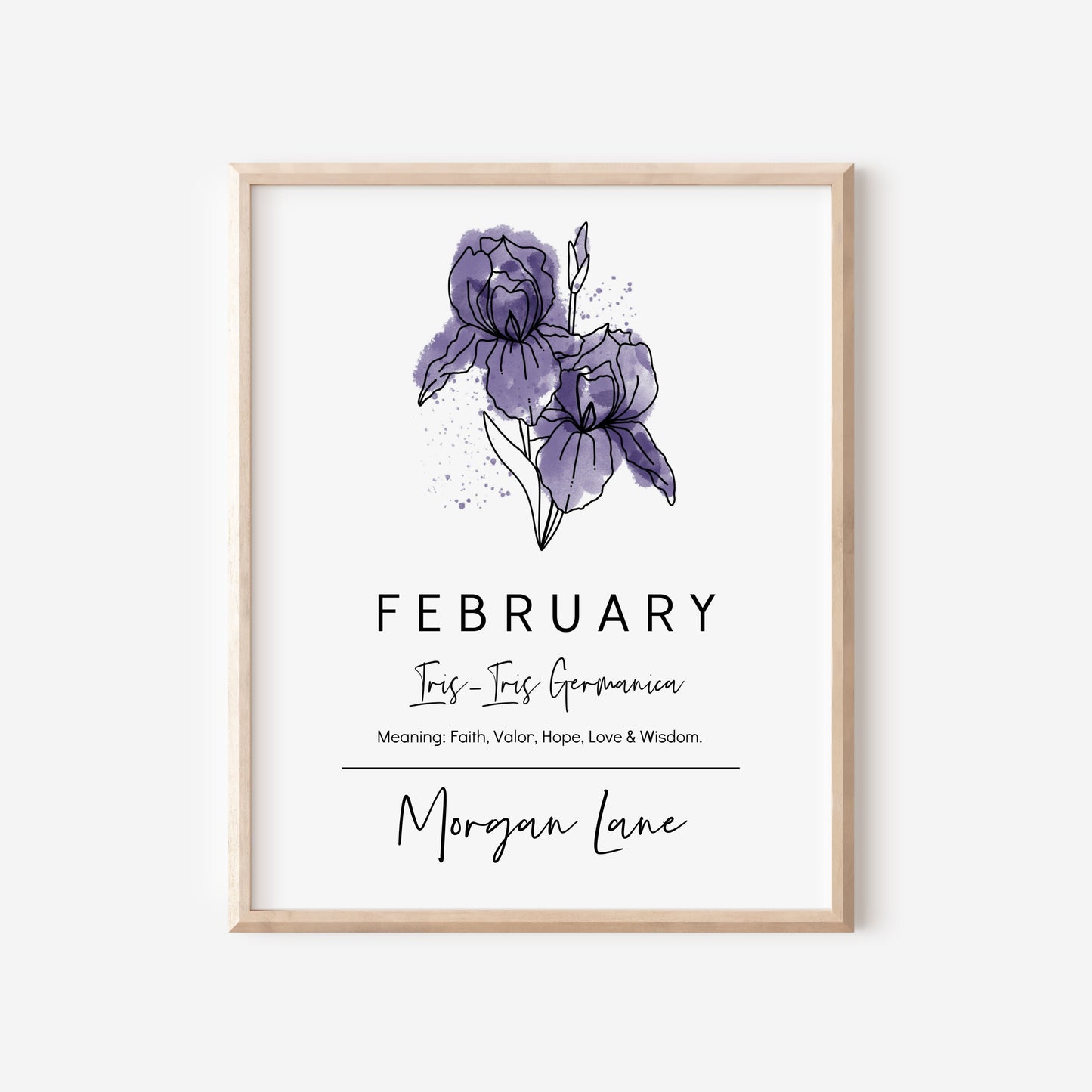 February Birth Flower Iris | Personalized Name Watercolor Floral Unframed Art Print | Birthday Gift