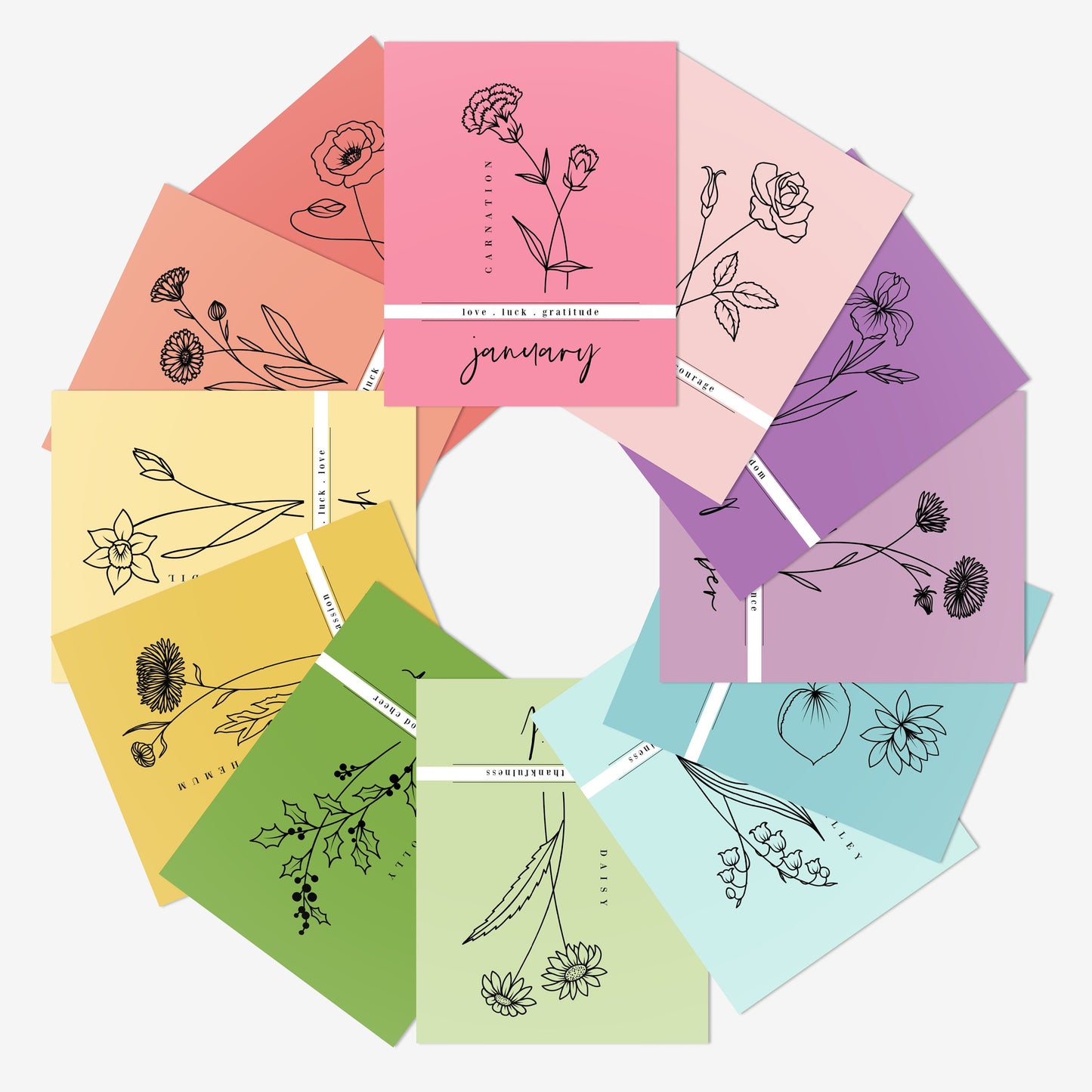 12 Month Birth Flower Notecards + Envelopes | Full Year Birthday Postcards | Gift Note Card Decor Mini Prints