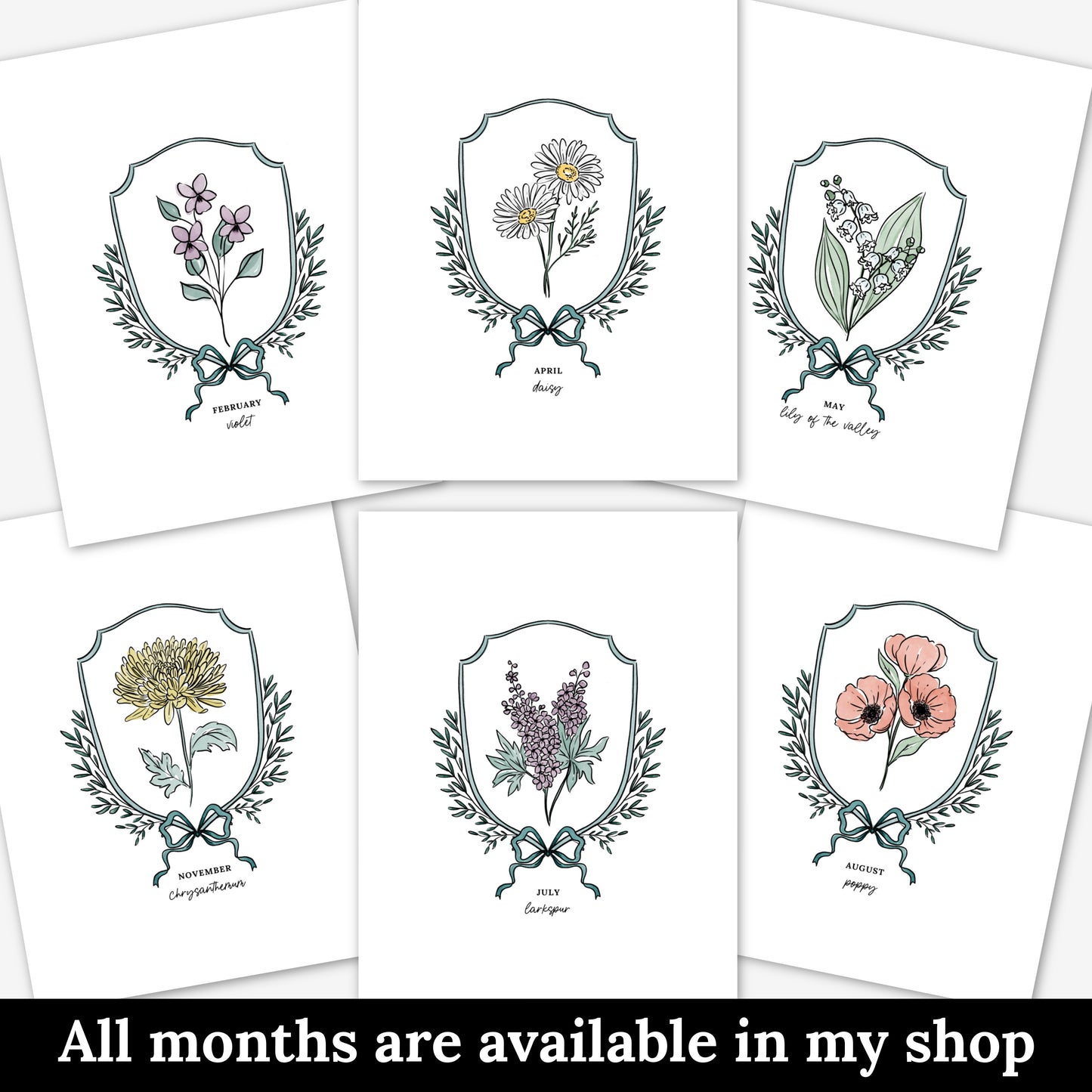 January Carnation Birth Flower Printable | Watercolor Crest & Bow Floral Illustration