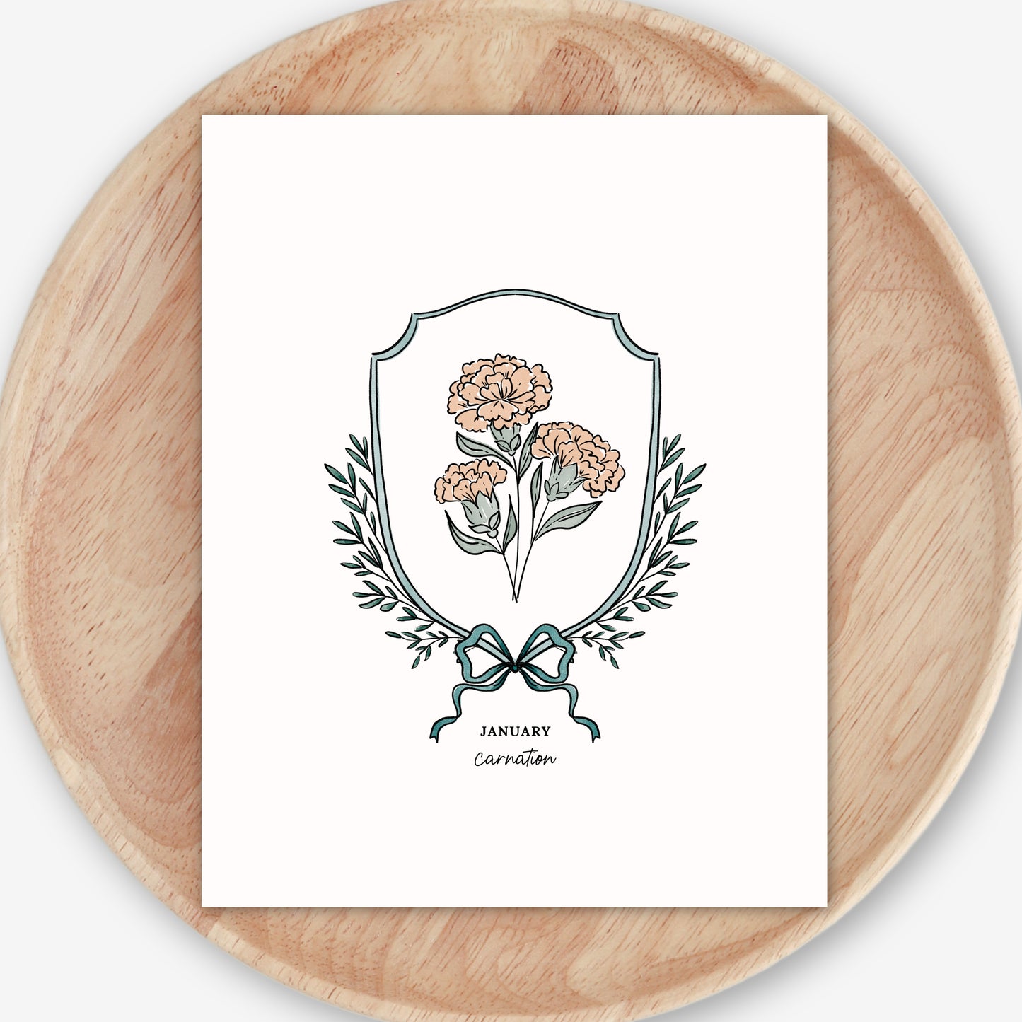 January Carnation Birth Flower Printable | Watercolor Crest & Bow Floral Illustration