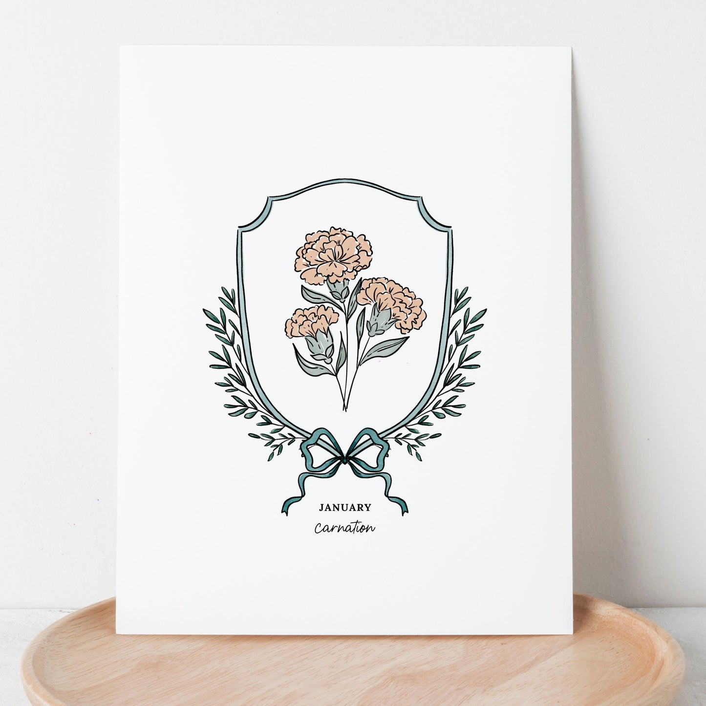 January Carnation Birth Flower Printable | Watercolor Crest & Bow Floral Illustration