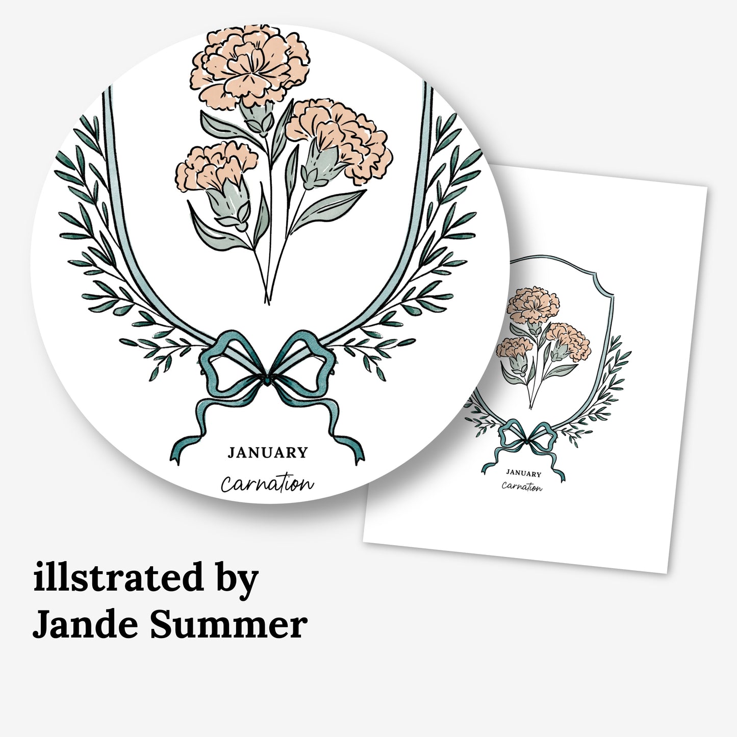 January Carnation Birth Flower Printable | Watercolor Crest & Bow Floral Illustration