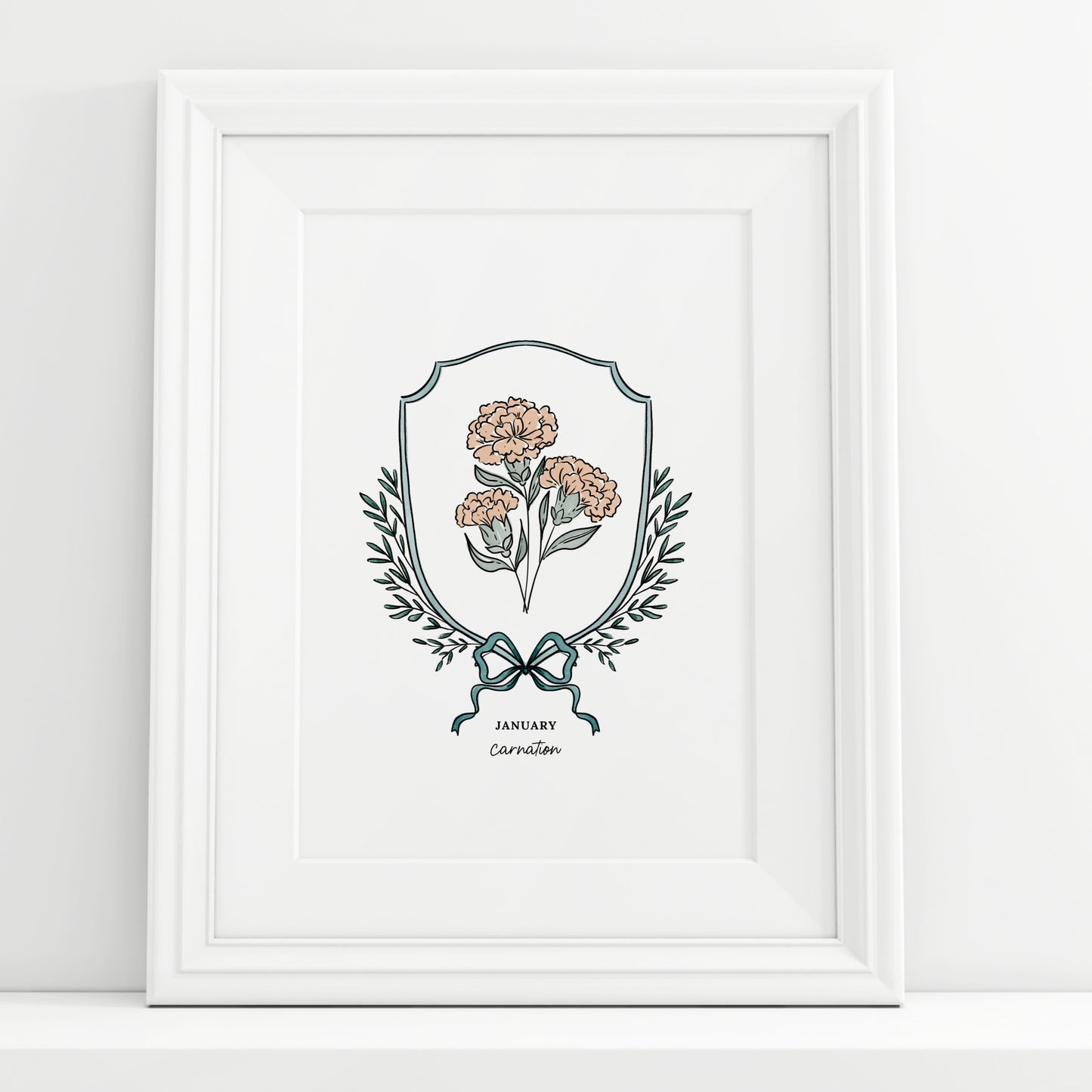 January Carnation Birth Flower Printable | Watercolor Crest & Bow Floral Illustration