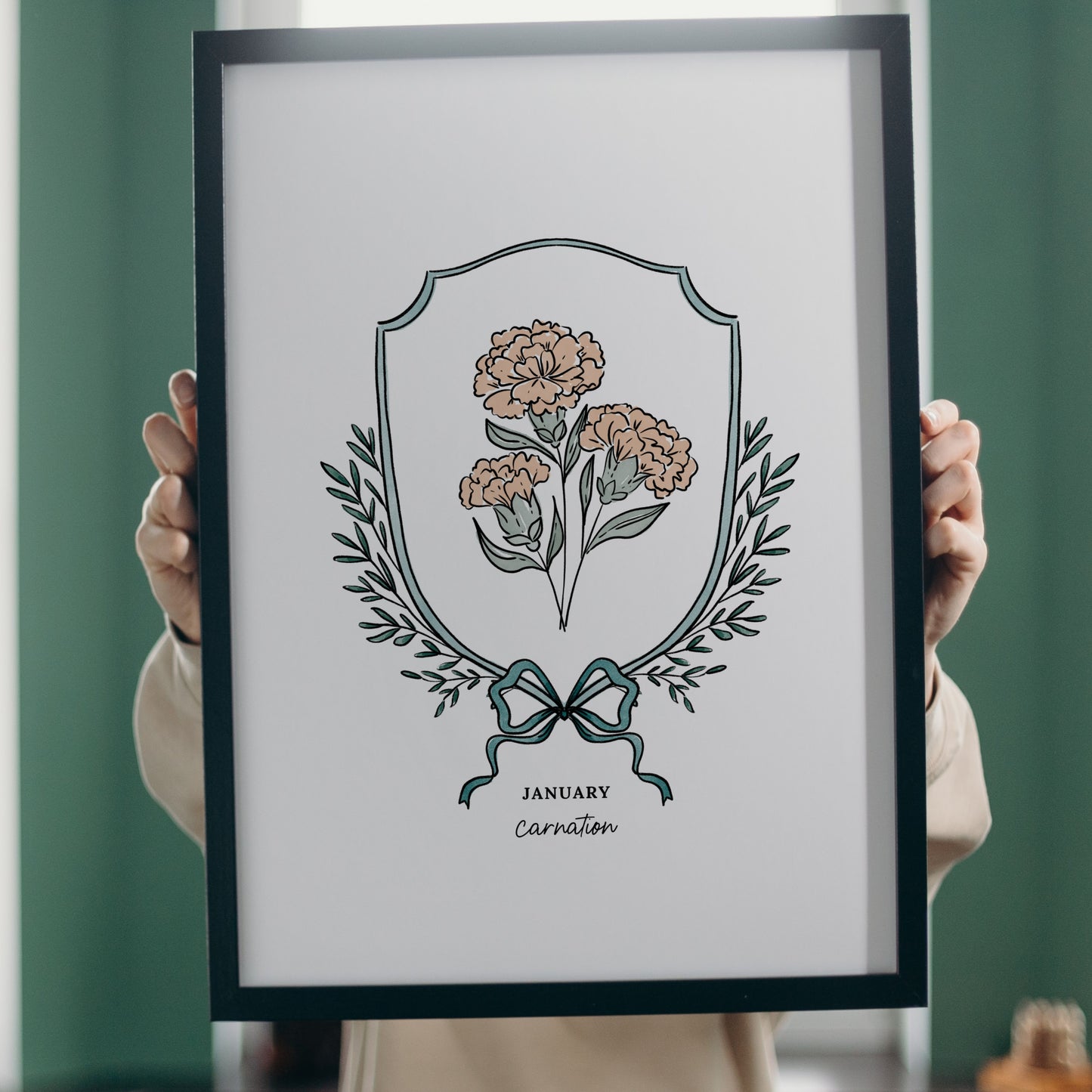 January Carnation Birth Flower Printable | Watercolor Crest & Bow Floral Illustration