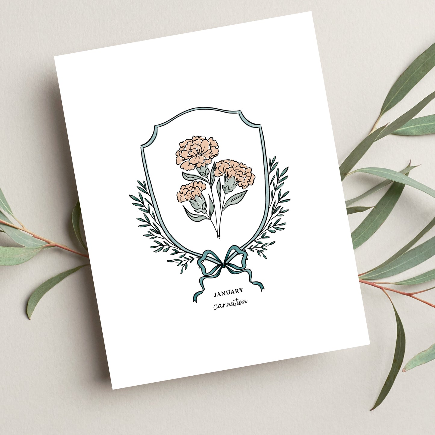 January Carnation Birth Flower Printable | Watercolor Crest & Bow Floral Illustration