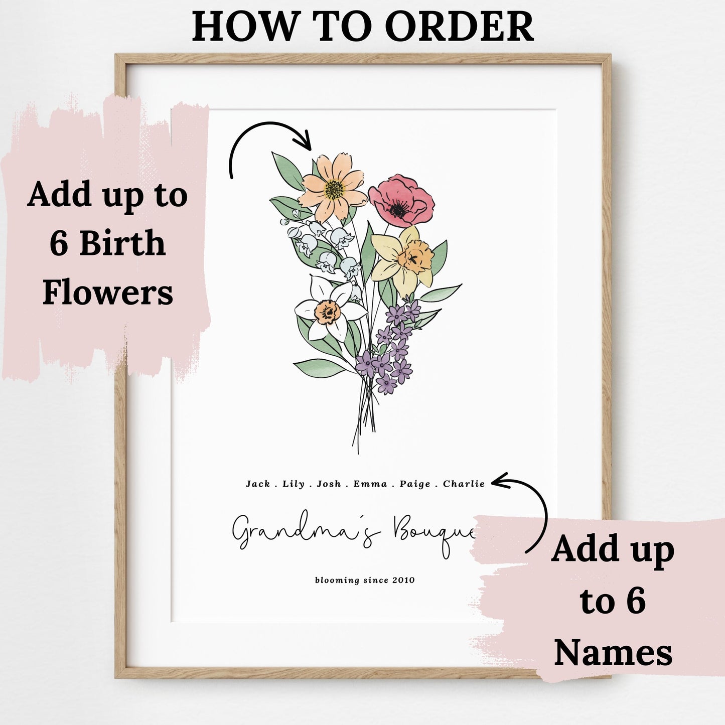 Family Birth Flower Bouquet Watercolor Art Print | Up to 6 Flowers