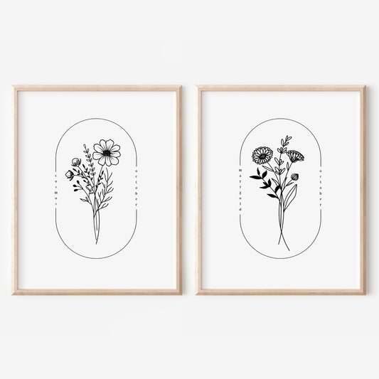 October Birth Flower Print | Cosmos Marigold Simple Floral Wall Decor | Nursery Art Birthday Gift Remembrance Keepsake