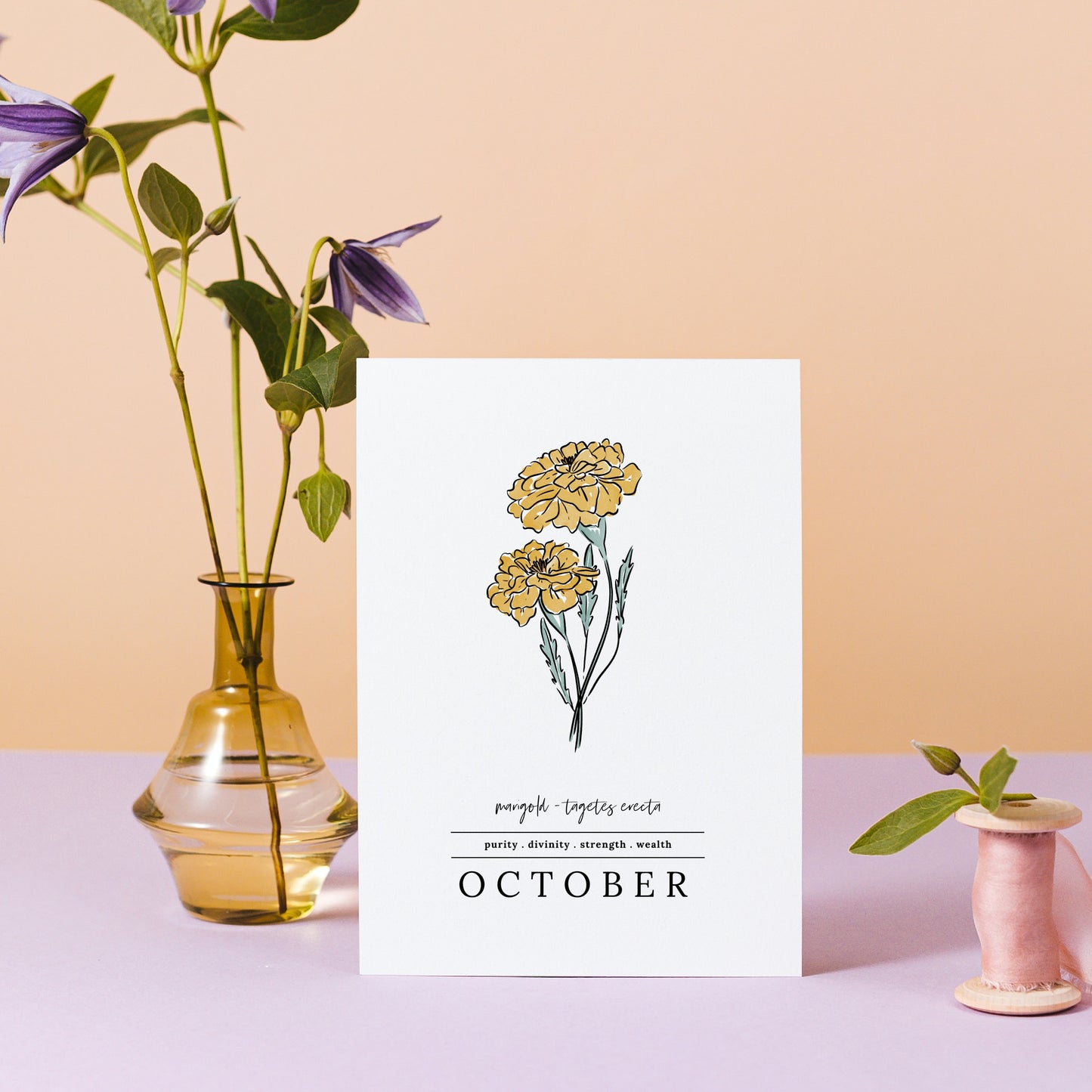 October Marigold Birth Flower Unframed Art Print | Illustrated Floral Art