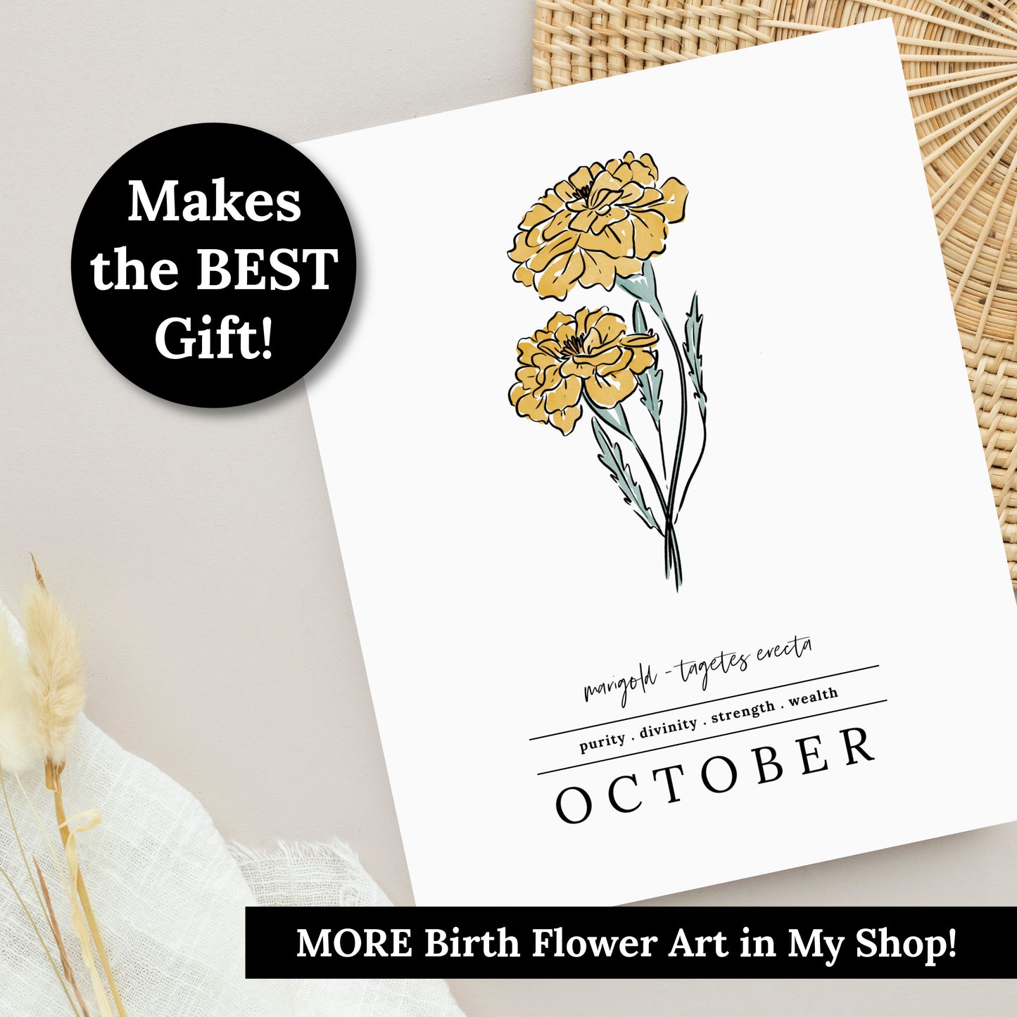 October Marigold Birth Flower Unframed Art Print | Illustrated Floral Art