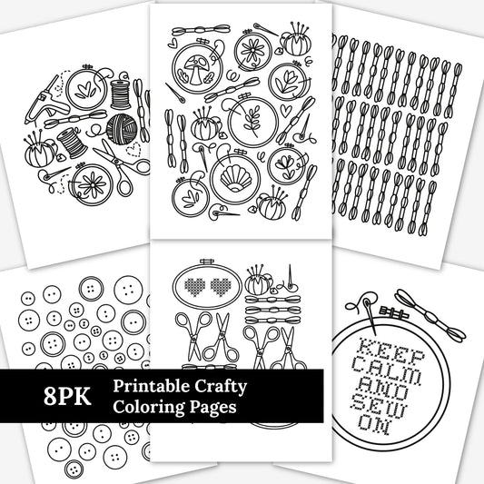 8 Crafty Printable Coloring Pages | Sewing Embroidery Yarn Button Handmade Crafts | Illustrated Craft Day Coloring Sheets