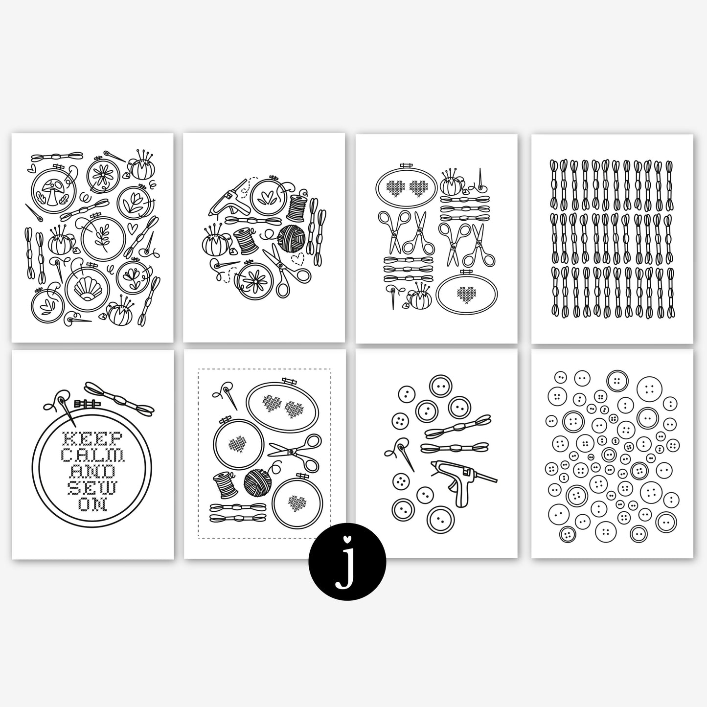 8 Crafty Printable Coloring Pages | Sewing Embroidery Yarn Button Handmade Crafts | Illustrated Craft Day Coloring Sheets