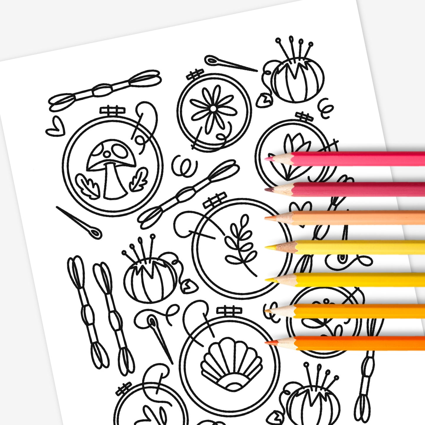 8 Crafty Printable Coloring Pages | Sewing Embroidery Yarn Button Handmade Crafts | Illustrated Craft Day Coloring Sheets