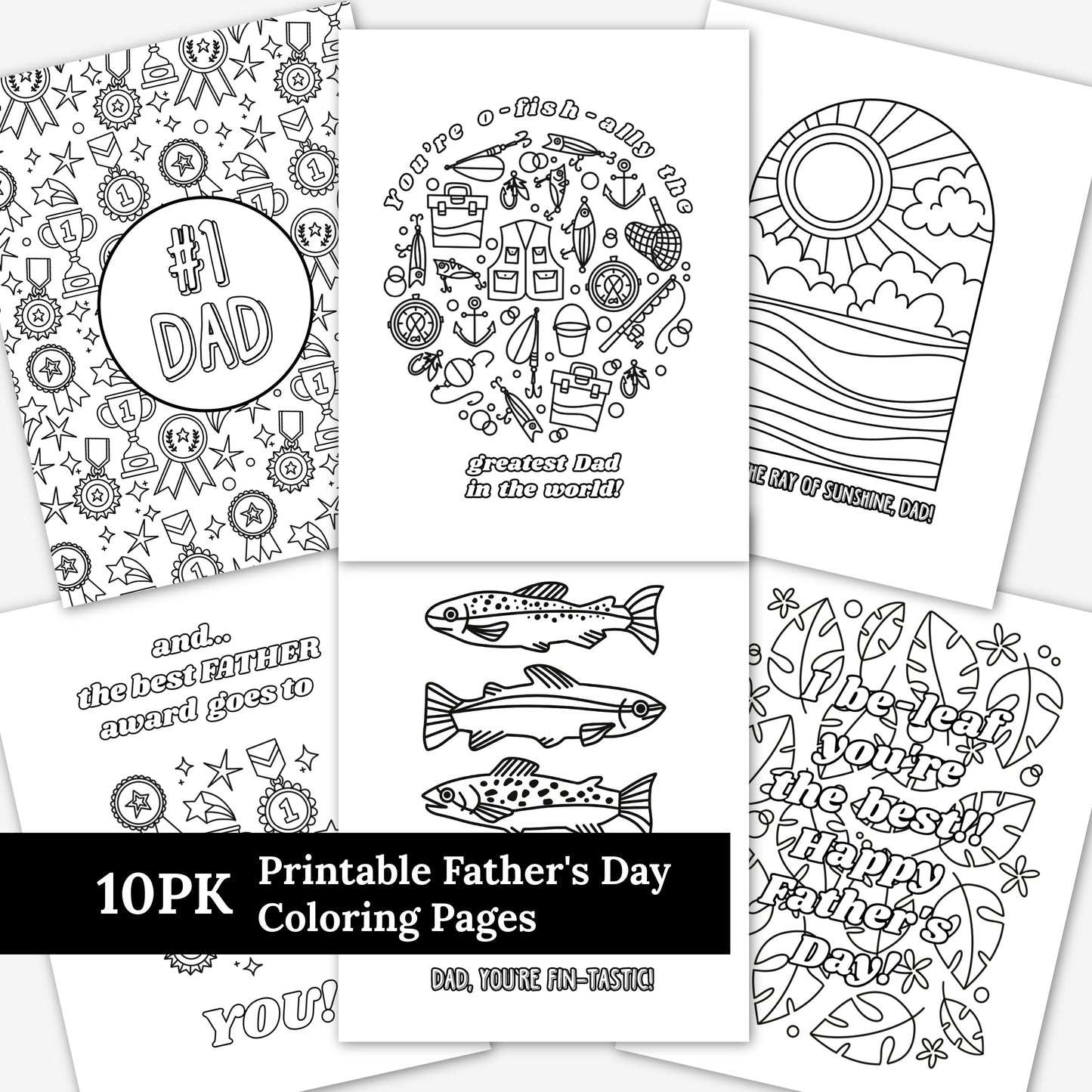10 Father's Day Printable Coloring Pages | Illustrated Fishing Camping Awards & Medals Coloring Sheets