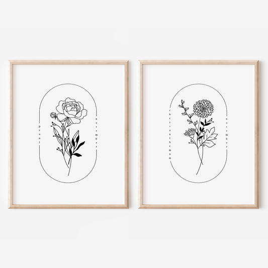 November Birth Flower Print | Peony Chrysanthemum Simple Floral Wall Decor | Nursery Art Birthday Gift Remembrance Keepsake